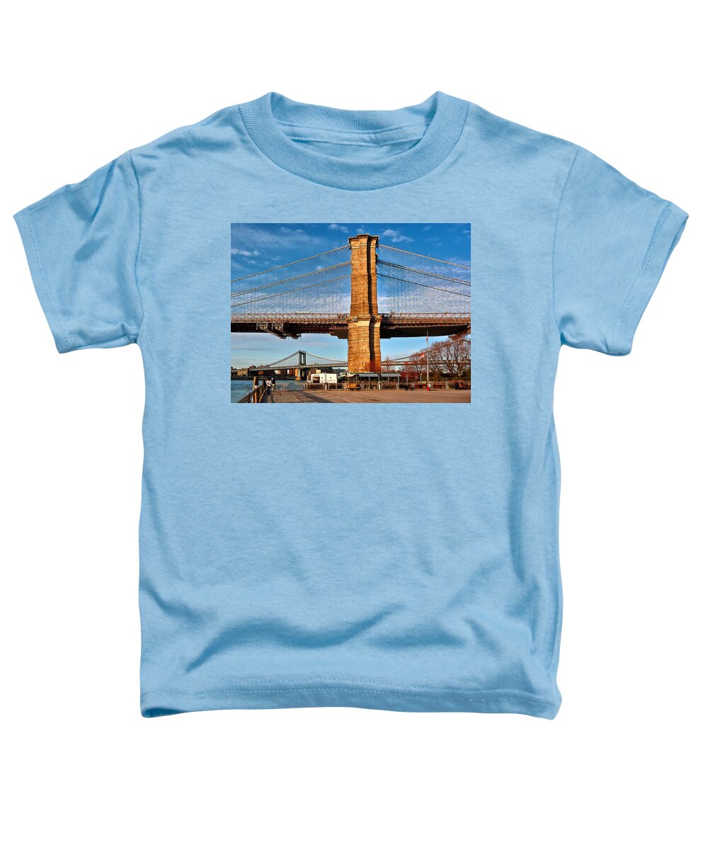 Amazing Brooklyn Bridge Photos Toddler T-Shirt featuring the photograph New York Bridges Lit by Golden Sunset by Mitchell R Grosky