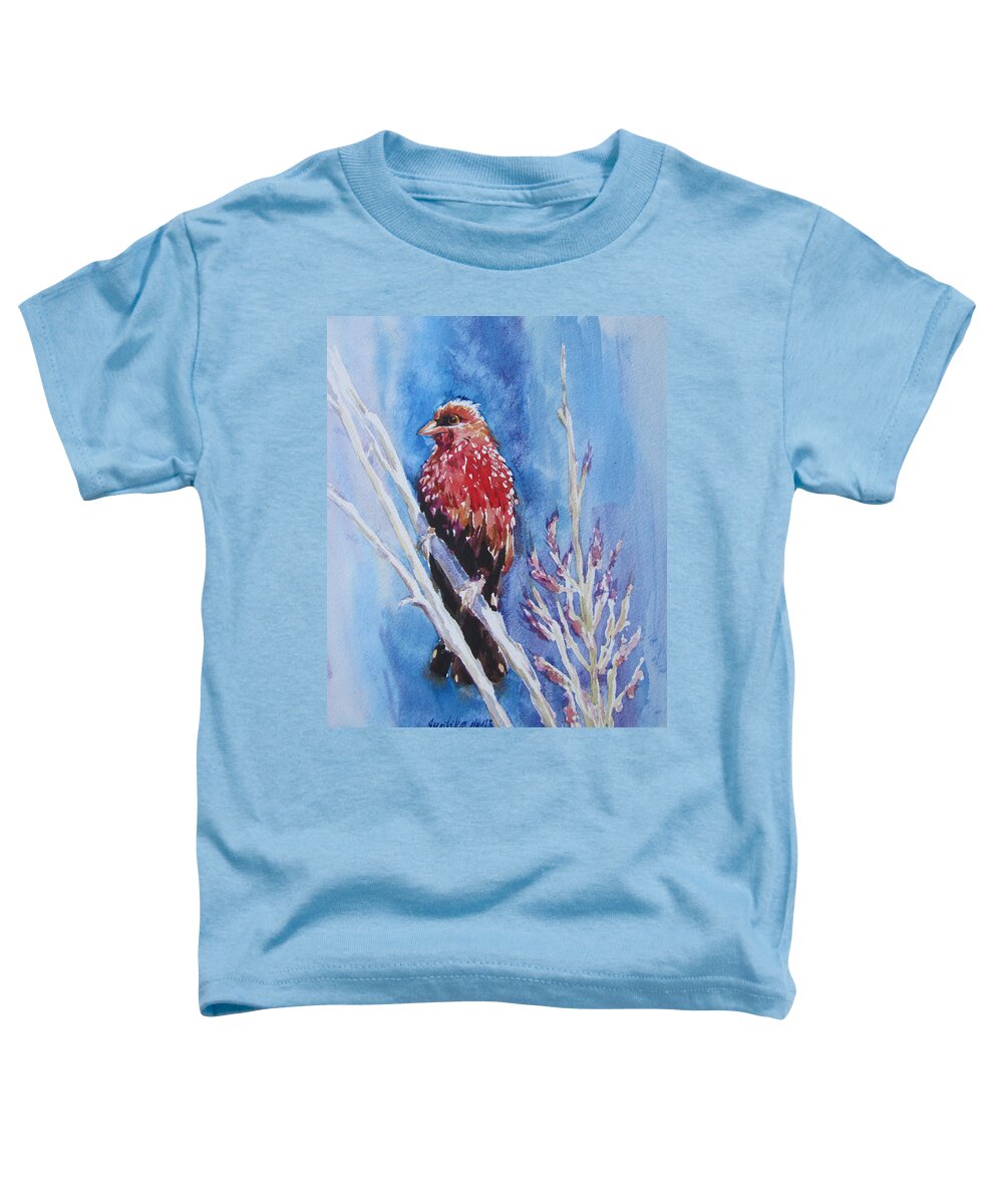 Bird Toddler T-Shirt featuring the painting The Red Bird with pink flowers by Jyotika Shroff