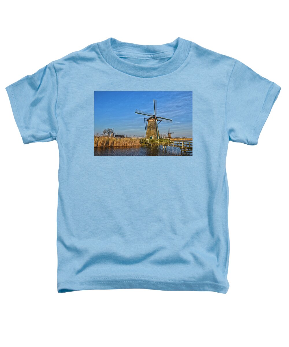 Windmills Toddler T-Shirt featuring the photograph Windmills And Bridge Near Kinderdijk by Frans Blok