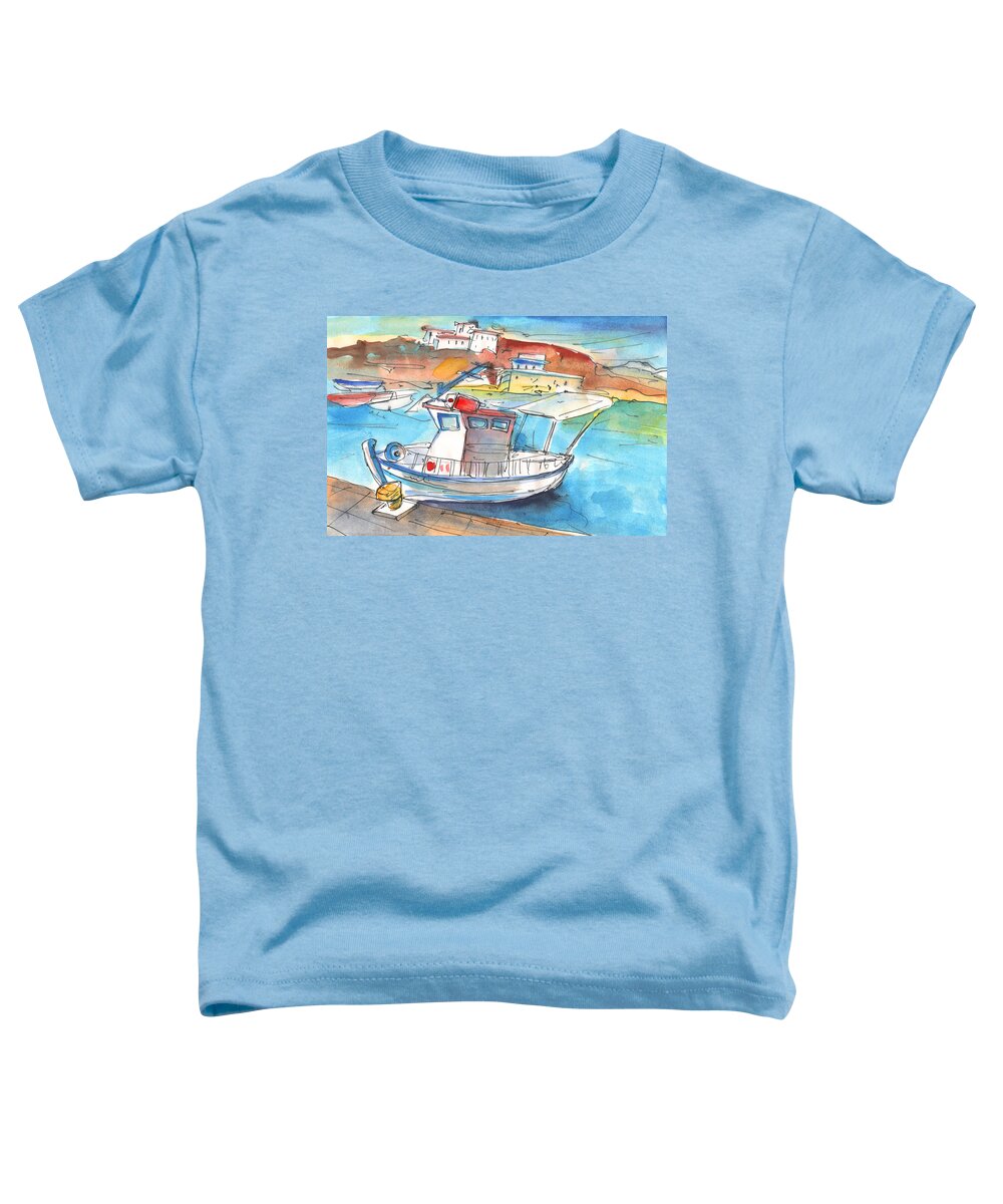 Travel Art Toddler T-Shirt featuring the painting Boat in Agia Galini 01 by Miki De Goodaboom