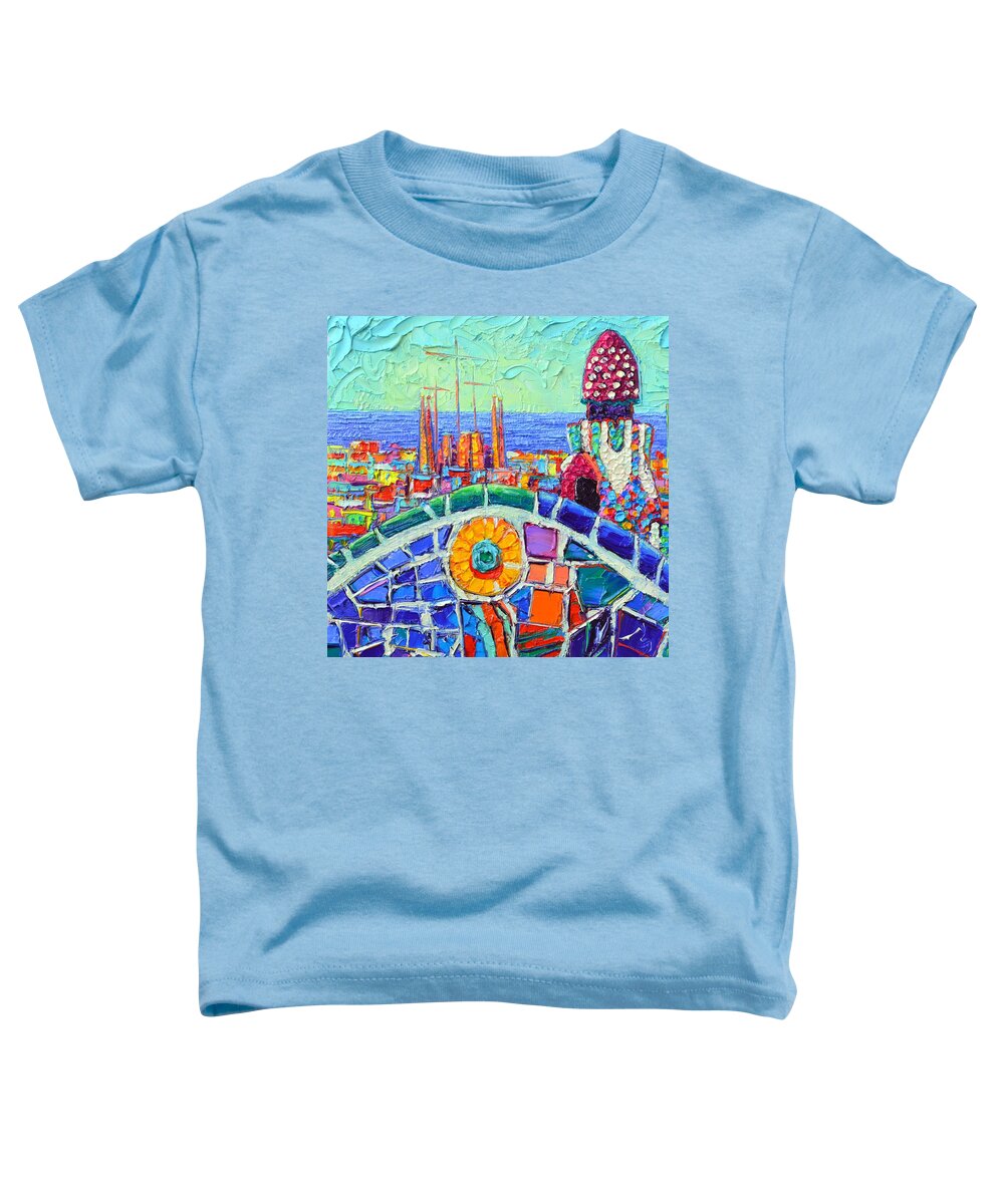 Barcelona Toddler T-Shirt featuring the painting BARCELONA SAGRADA FAMILIA FROM PARK GUELL impasto textural impressionist palette knife oil painting by Ana Maria Edulescu