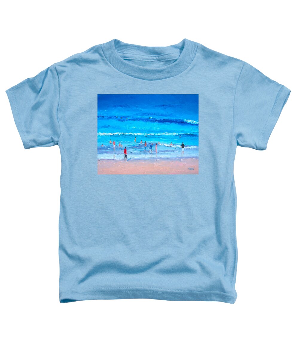 Ocean Toddler T-Shirt featuring the painting Beach Painting - Last swim of the day by Jan Matson