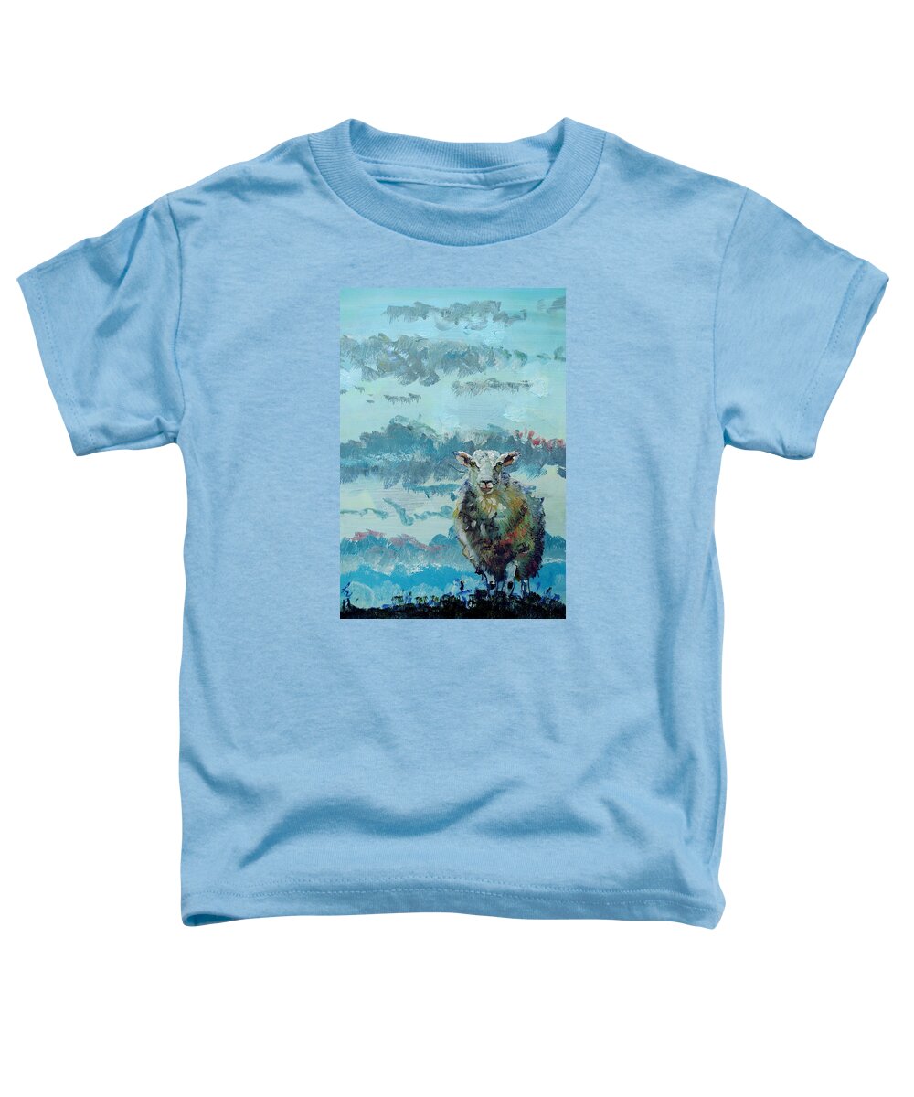 Sheep Toddler T-Shirt featuring the painting Colorful Sheep Art - Out Of The Stormy Sky by Mike Jory