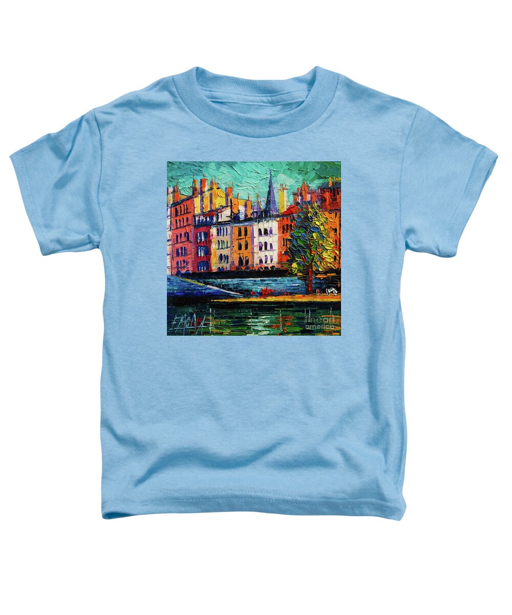 Colorful Waterfront Toddler T-Shirt featuring the painting Colorful Waterfront in Lyon France Modern Impressionist palette knife oil painting cityscape by Mona Edulesco