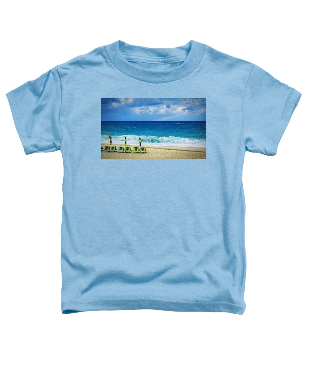 Deck Chairs Toddler T-Shirt featuring the photograph Deck chairs and distant rainbow by Silvia Ganora