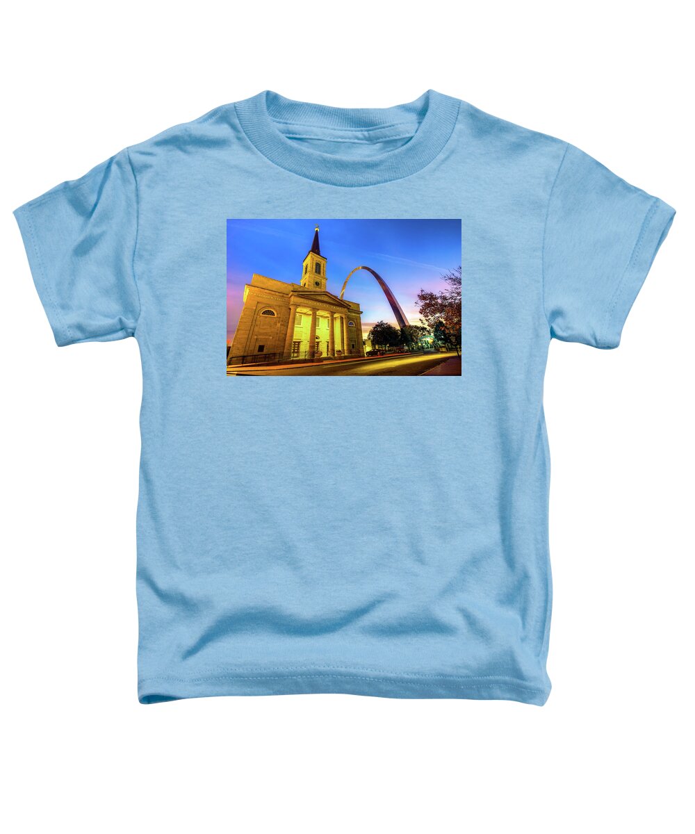 Gateway Arch Toddler T-Shirt featuring the photograph Downtown Saint Louis Arch and The Old Cathedral - Basilica of St. Louis by Gregory Ballos
