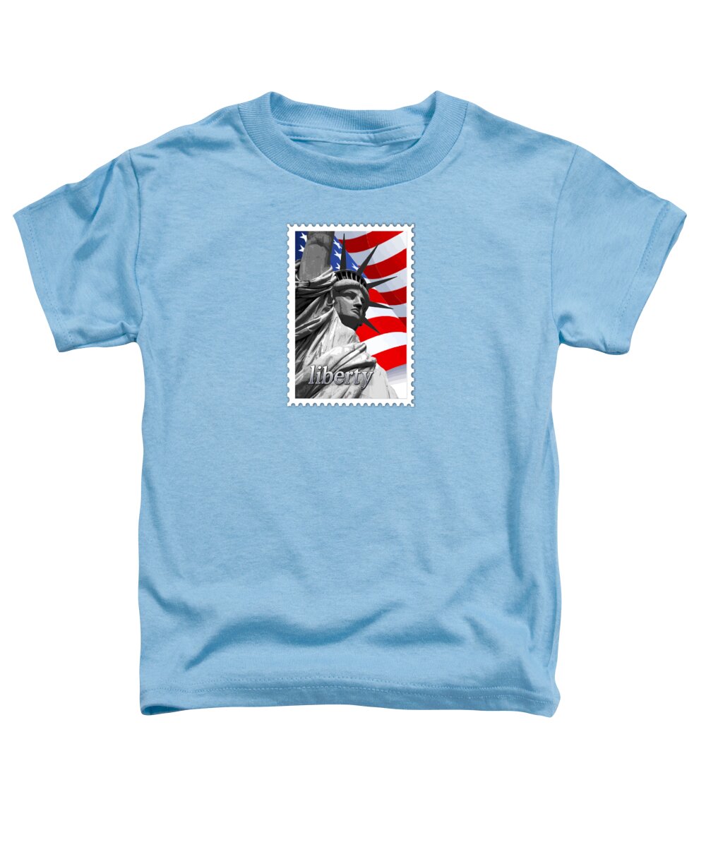 Statue Of Liberty Toddler T-Shirt featuring the painting Graphic Statue of Liberty with American Flag TEXT LIBERTY by Elaine Plesser
