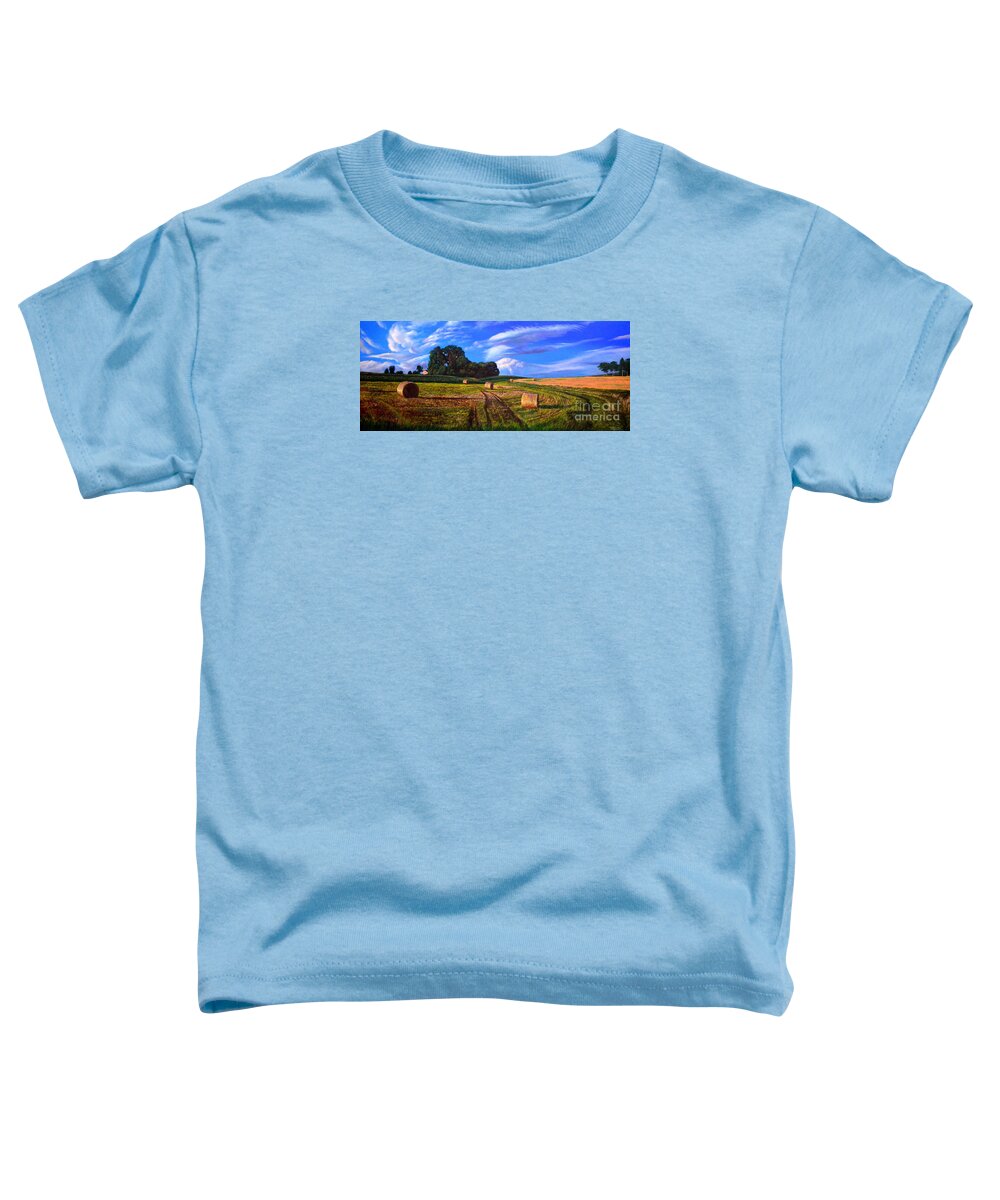 Farm Toddler T-Shirt featuring the painting Hay Rolls on the Farm in oil painting by Christopher Shellhammer