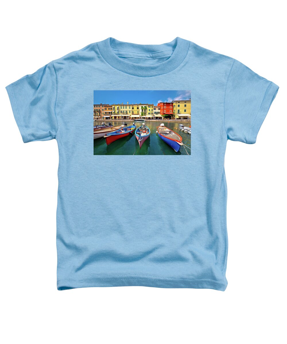 Lazise Toddler T-Shirt featuring the photograph Lazise colorful harbor and boats view by Brch Photography