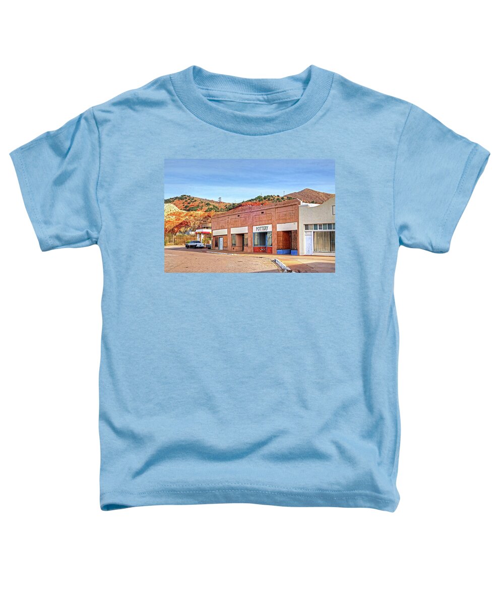 Lowell Toddler T-Shirt featuring the photograph Lowell Arizona Pottery Building Old Police Car by Toby McGuire