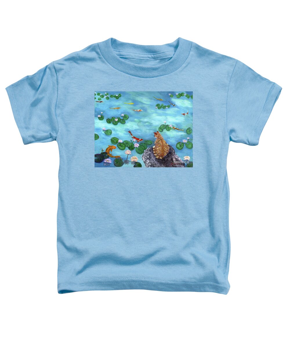 Orange Toddler T-Shirt featuring the painting Orange Cat at Koi Pond by Laura Iverson