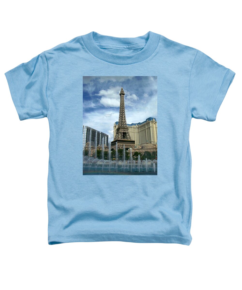 Pars Hotel Toddler T-Shirt featuring the photograph Paris Hotel and Bellagio Fountains by Anita Burgermeister