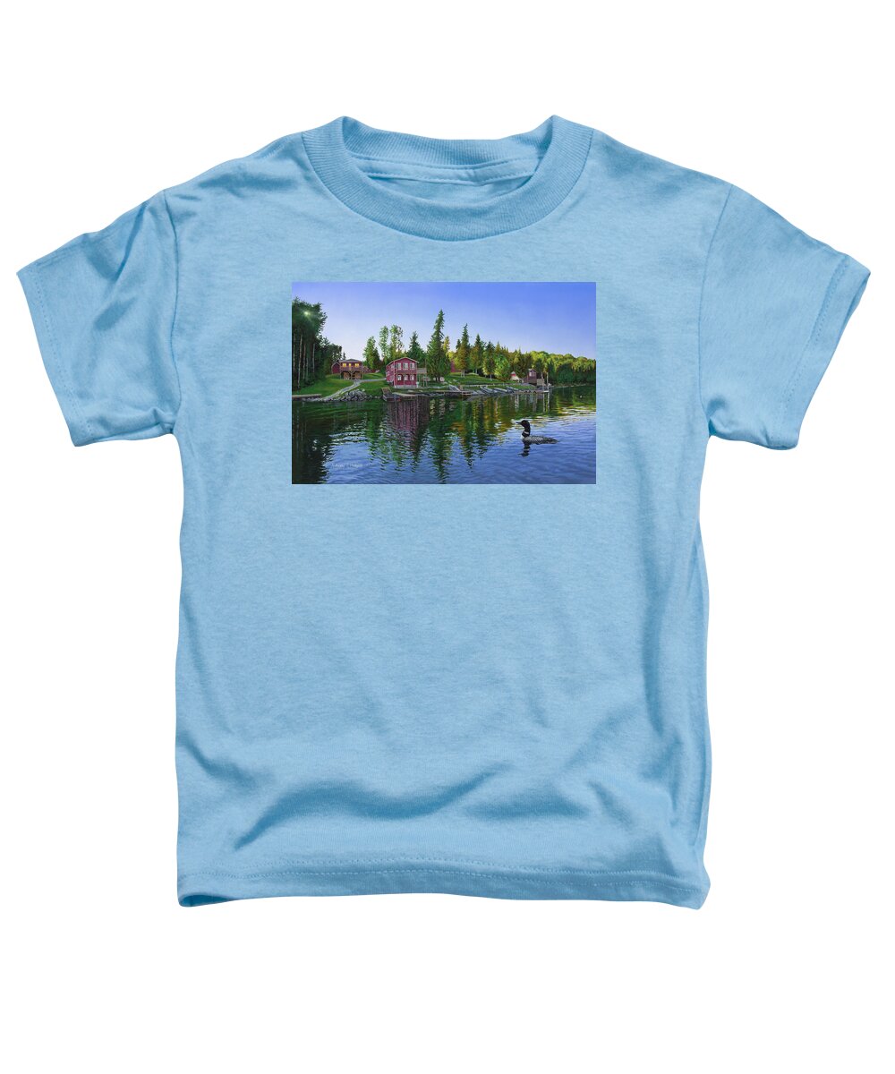 Landscape Toddler T-Shirt featuring the painting Rocky Shore Lodge by Anthony J Padgett