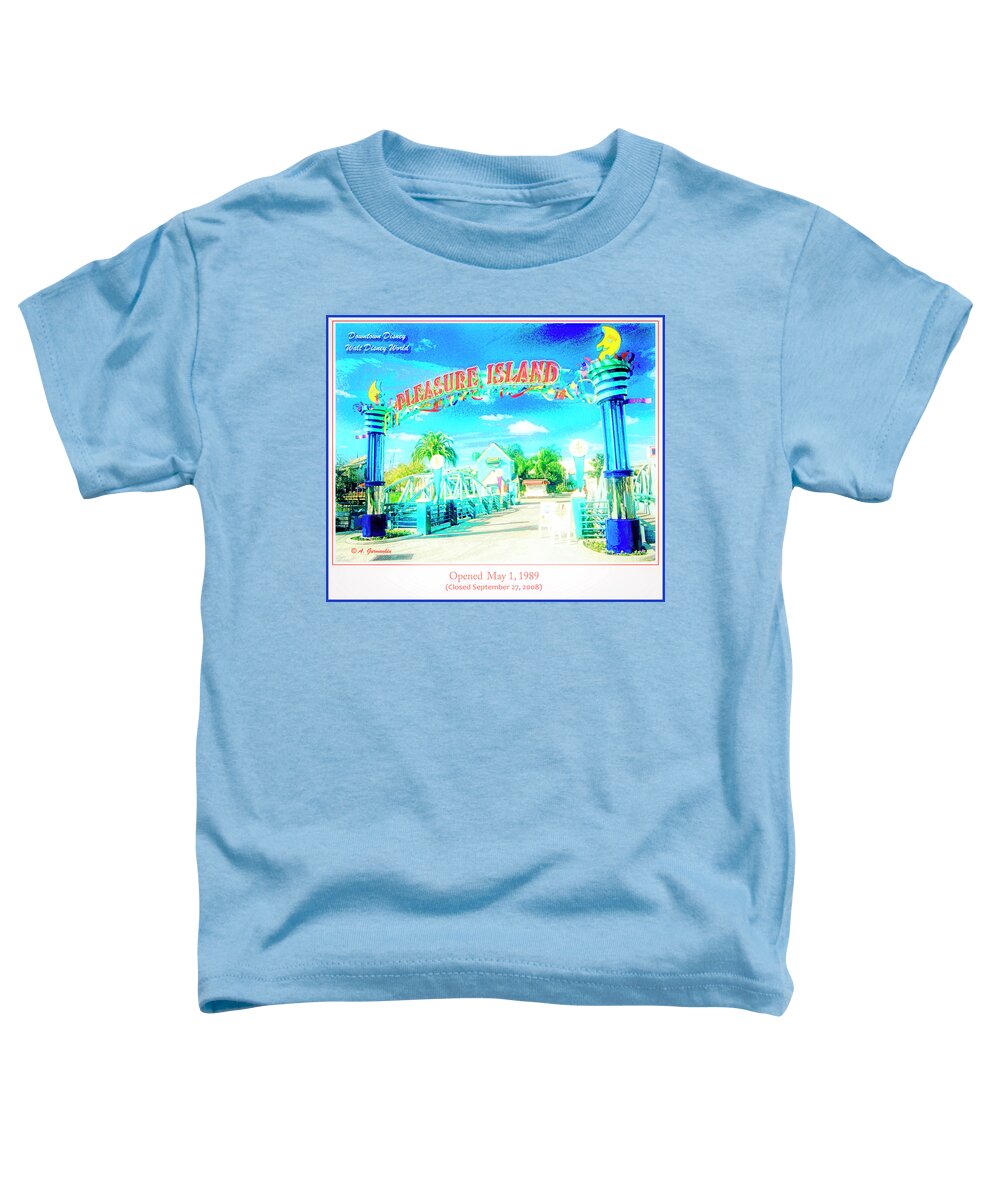 Pleasure Island Toddler T-Shirt featuring the digital art Pleasure Island Sign and Walkway Downtown Disney #2 by A Macarthur Gurmankin