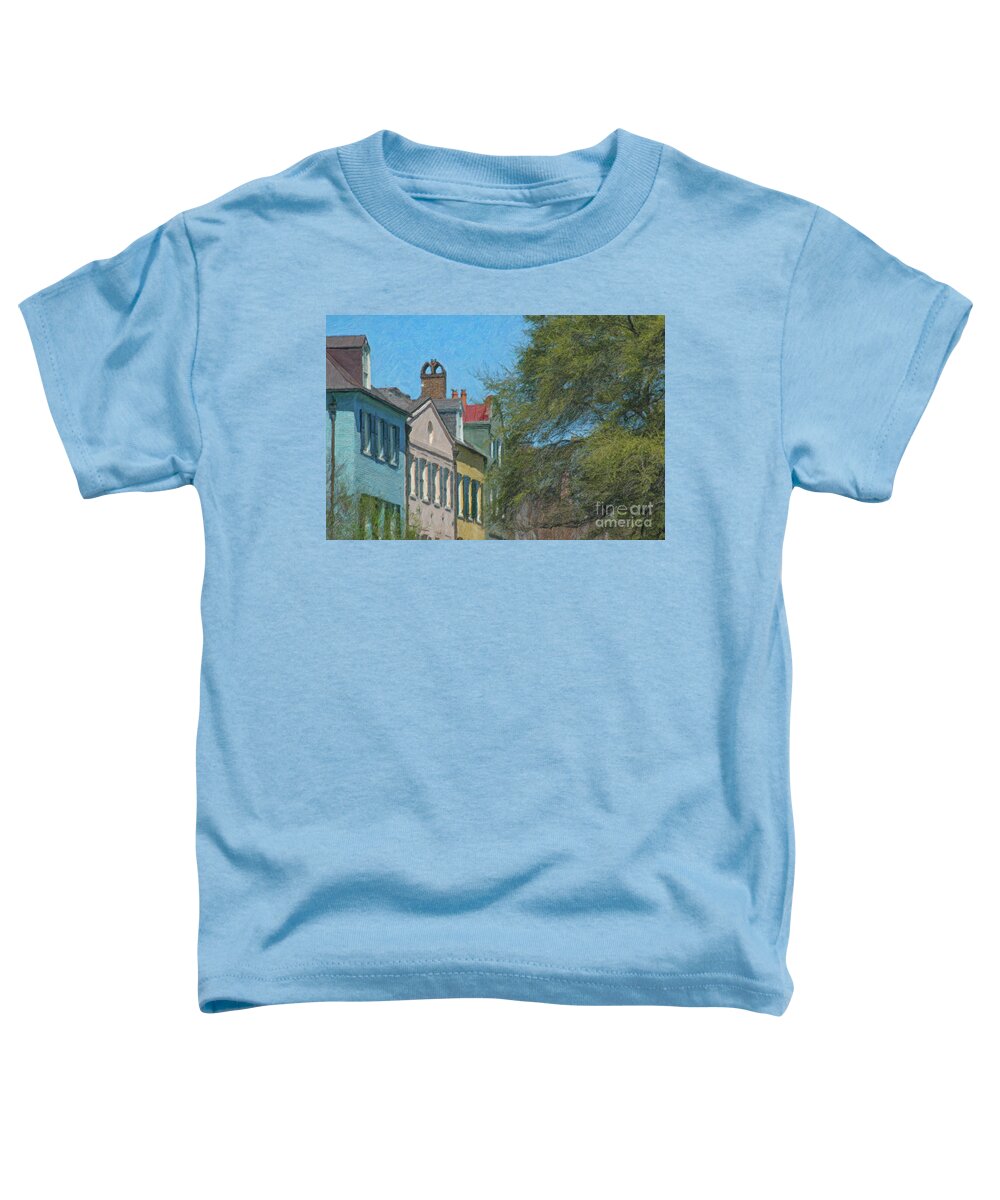 Rainbow Row Toddler T-Shirt featuring the painting Charleston Rainbow Row Rooftops by Dale Powell
