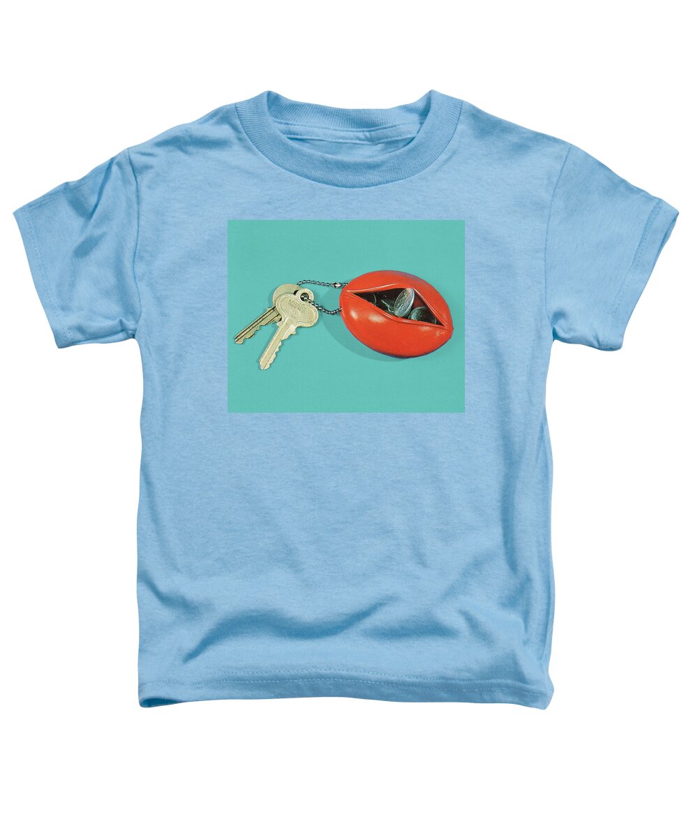 Blue Background Toddler T-Shirt featuring the drawing Coin Pouch Keychain and Keys by CSA Images