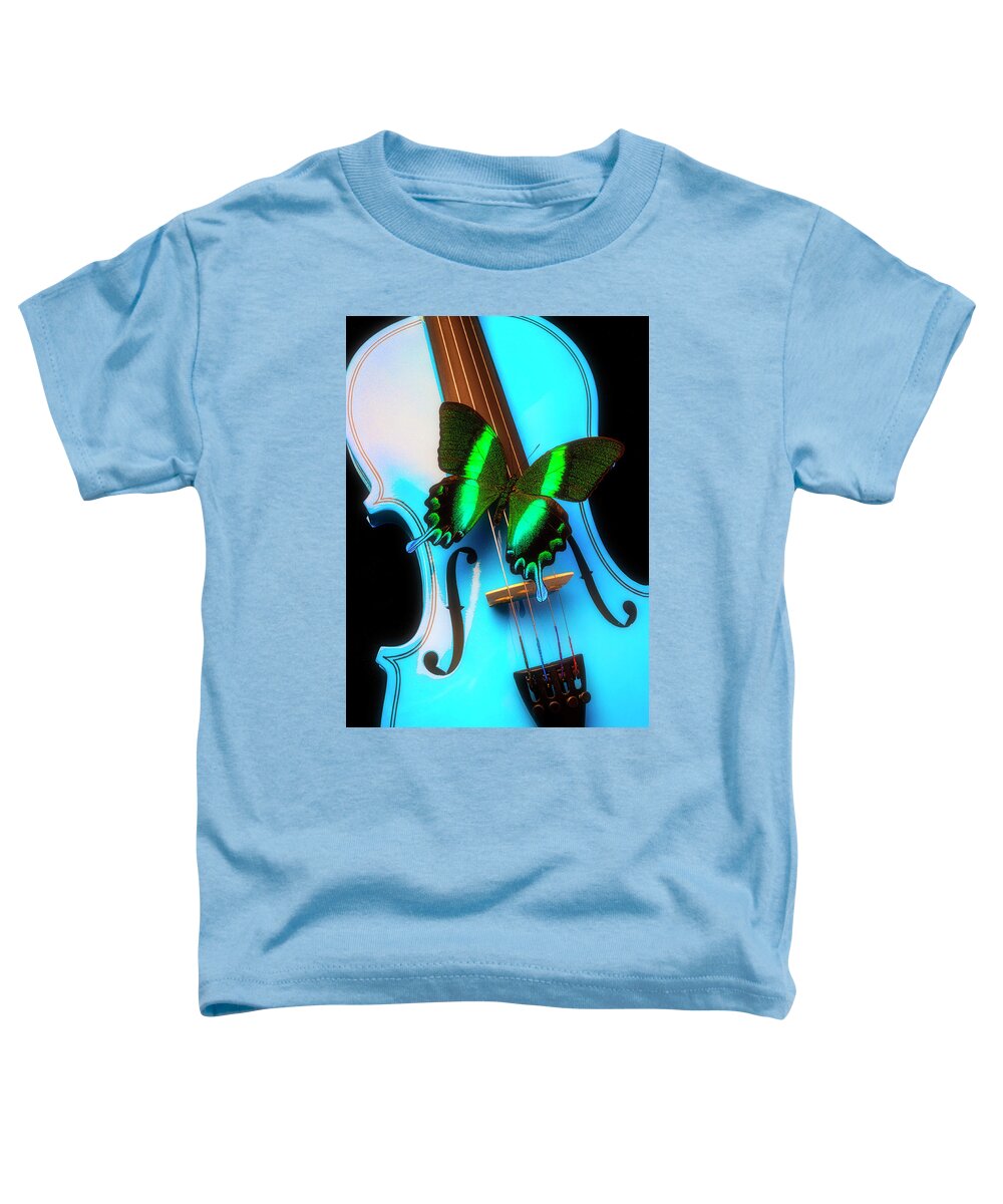 Violin Toddler T-Shirt featuring the photograph Green Butterfly On Blue Violin by Garry Gay