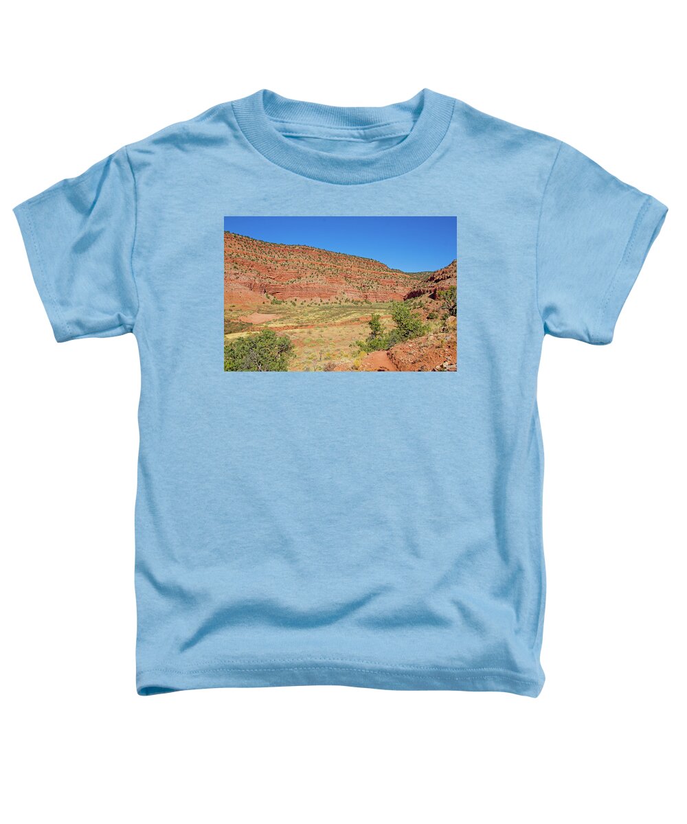 Kanab 2019 Thomas Trail Red Rock Mountains Blue Sky Vegetation Toddler T-Shirt featuring the photograph Kanab 2019 Thomas Trail red rock mountains blue sky vegetation by David Frederick
