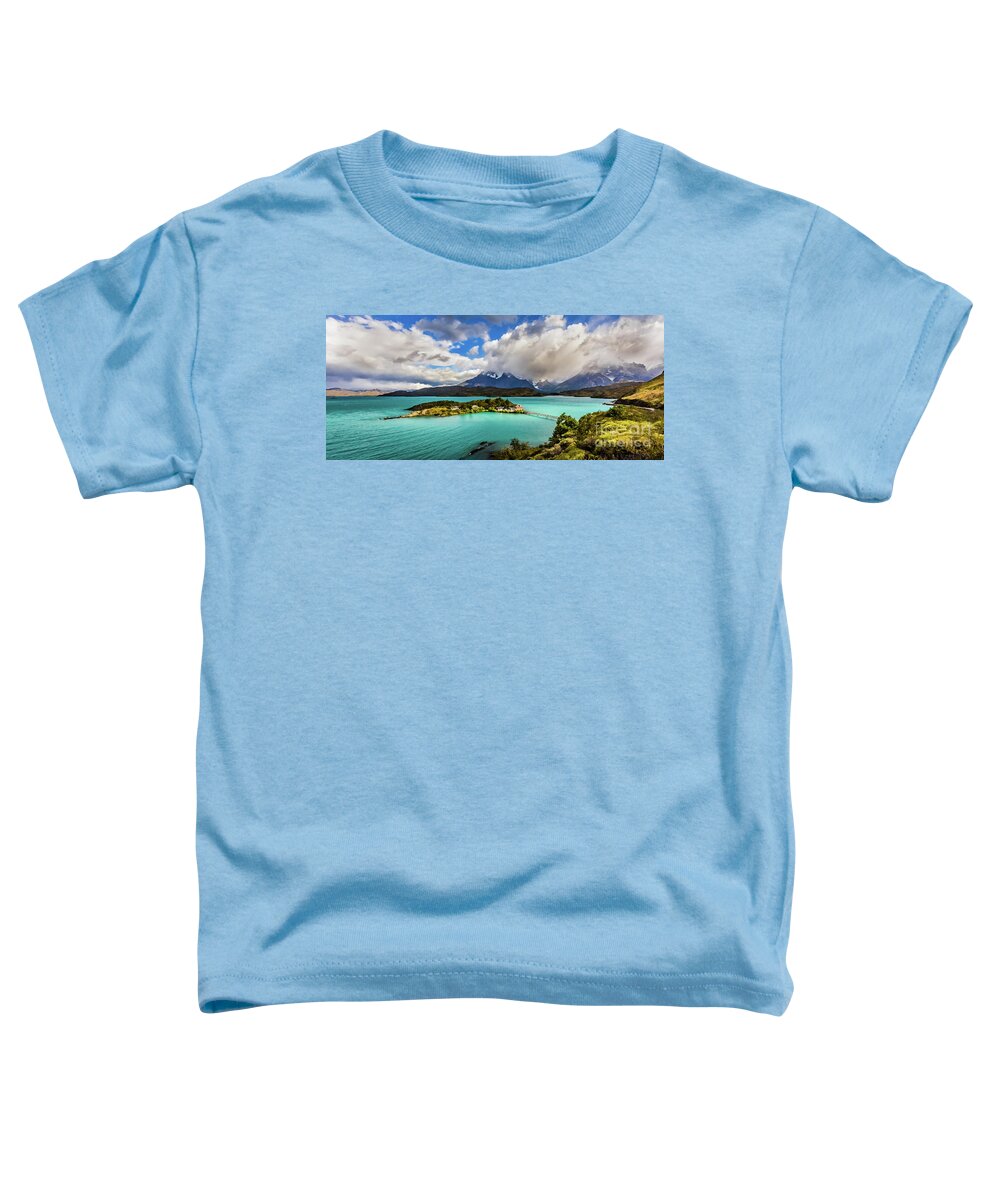 Lake Toddler T-Shirt featuring the photograph Lago Pehoe, Chile by Lyl Dil Creations