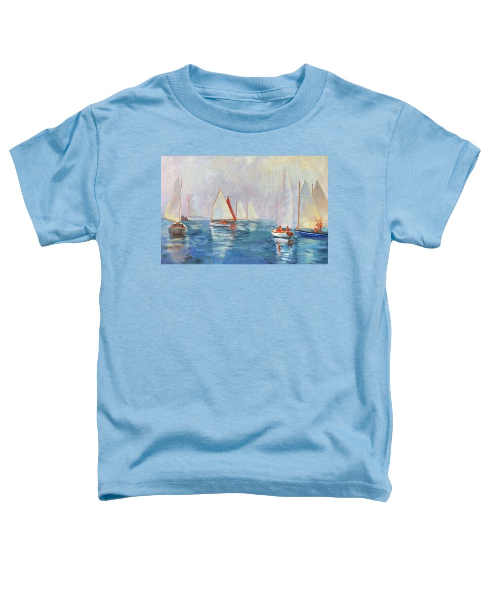Foggy Racers Toddler T-Shirt featuring the painting Lifting Fog by Barbara Hageman