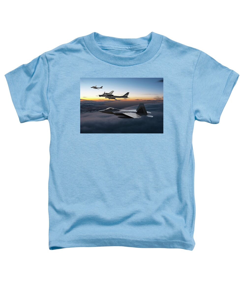U.s. Air Force Toddler T-Shirt featuring the digital art Twilight Intercept - F-22A Raptor and Russian Bears by Erik Simonsen