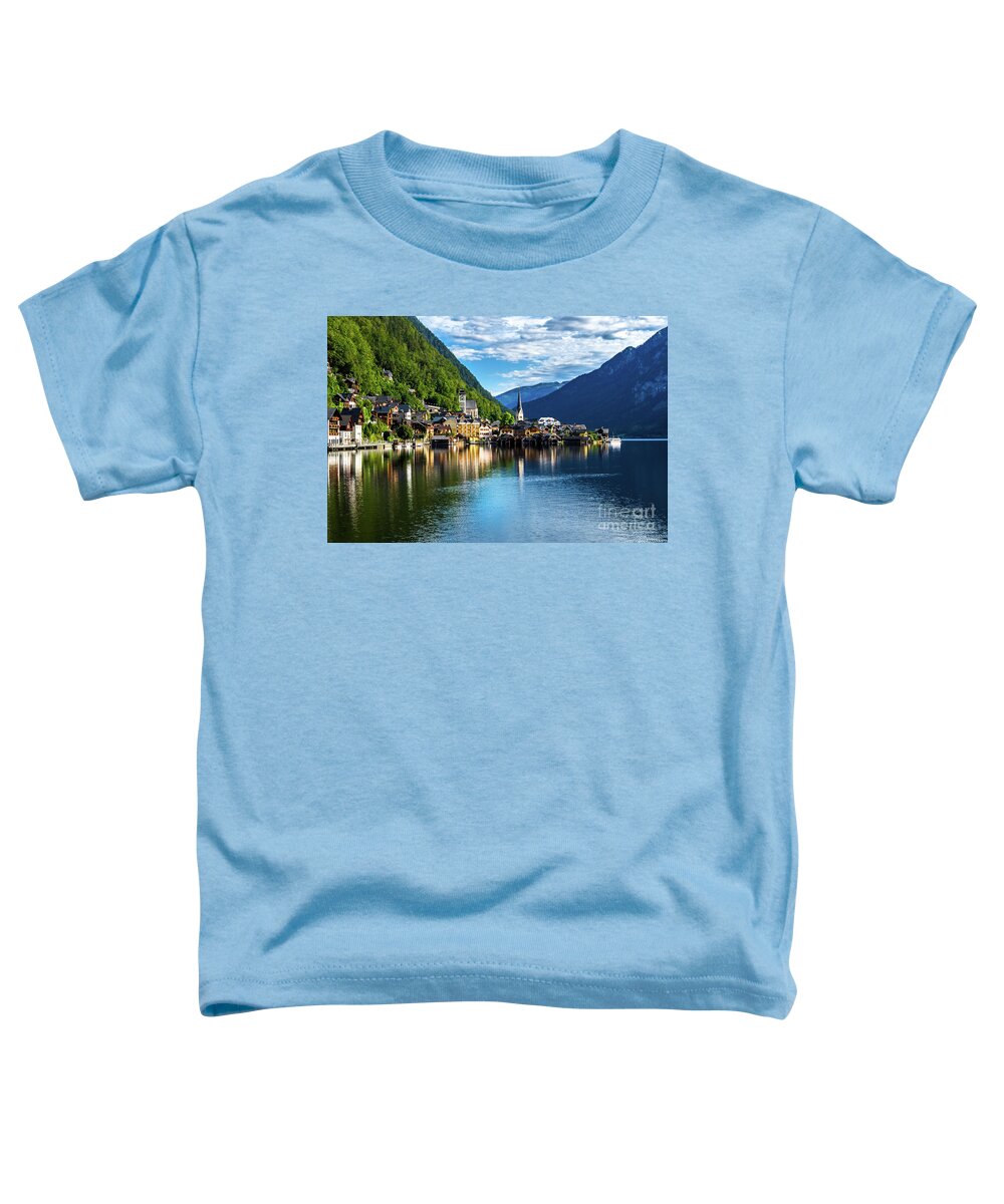 Austria Toddler T-Shirt featuring the photograph Picturesque Lakeside Town Hallstatt At Lake Hallstaetter See In Austria #1 by Andreas Berthold