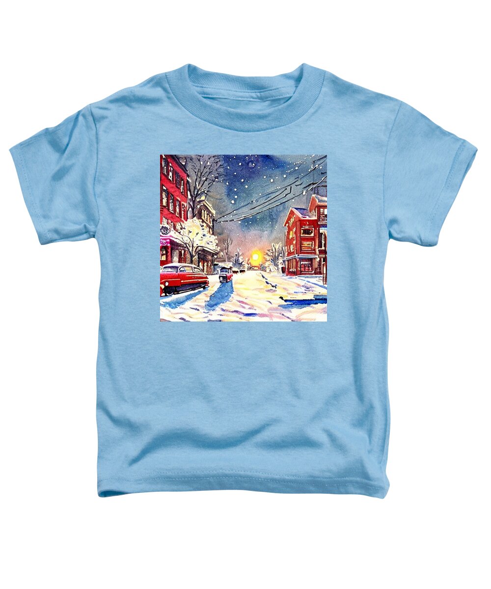 Watercolor Toddler T-Shirt featuring the painting 1950s Streetscape in Winter - 2 by Christopher Lotito