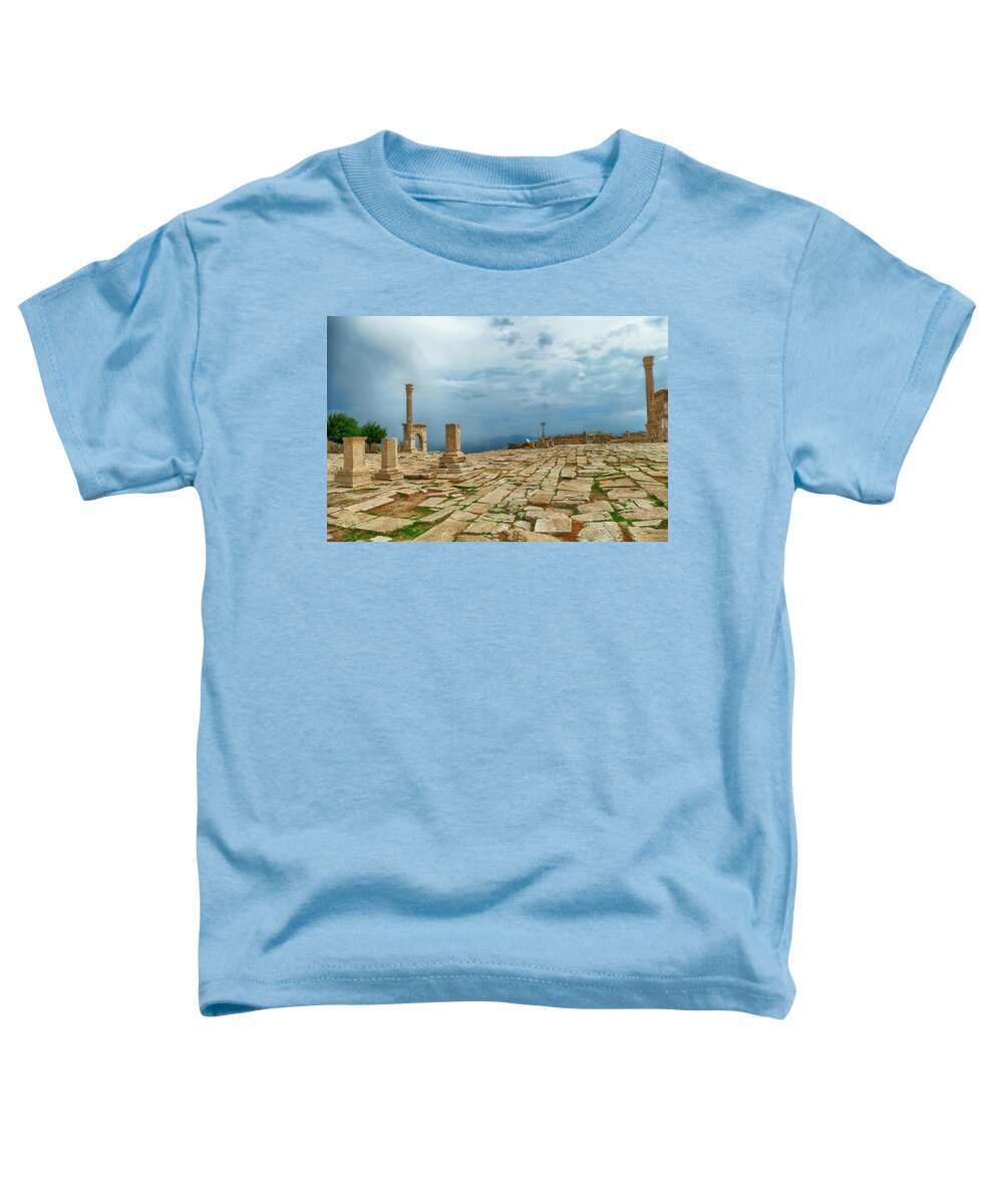 Roman Toddler T-Shirt featuring the photograph Column and arches of ancient Roman agora #8 by Steve Estvanik
