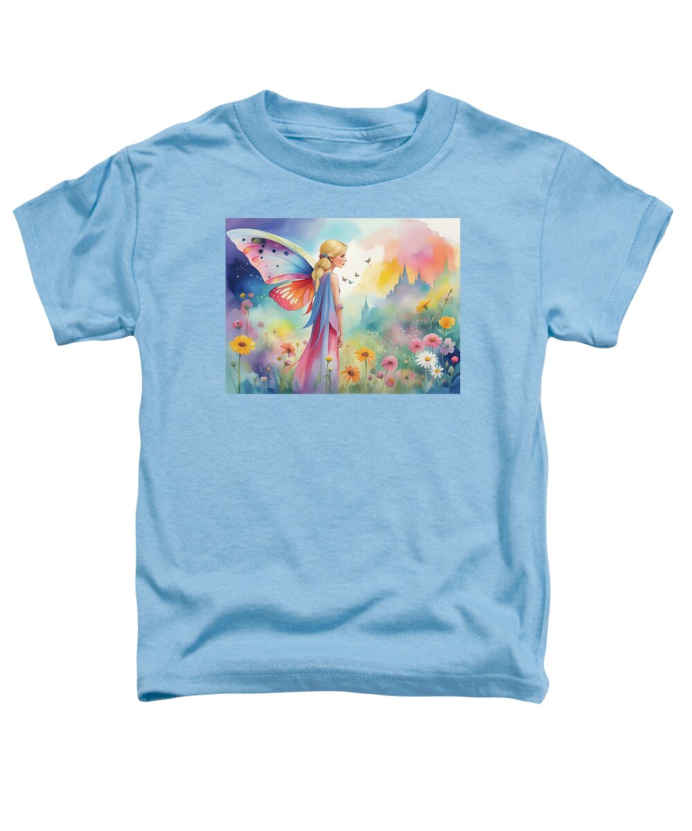 Fairy Toddler T-Shirt featuring the digital art A fairy in a field of flowers by Meir Ezrachi