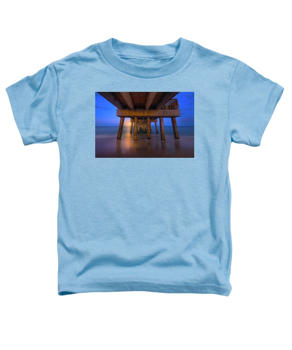 Moon Toddler T-Shirt featuring the photograph A Moonrise Under the Pier by Mark Andrew Thomas