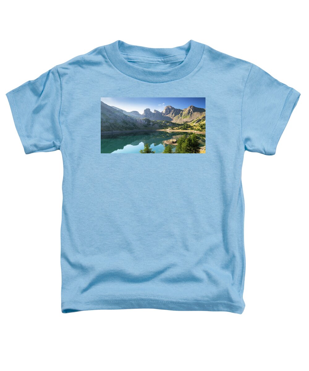 Allos Toddler T-Shirt featuring the photograph Allos lake, mirror effect by Jean-Luc Farges