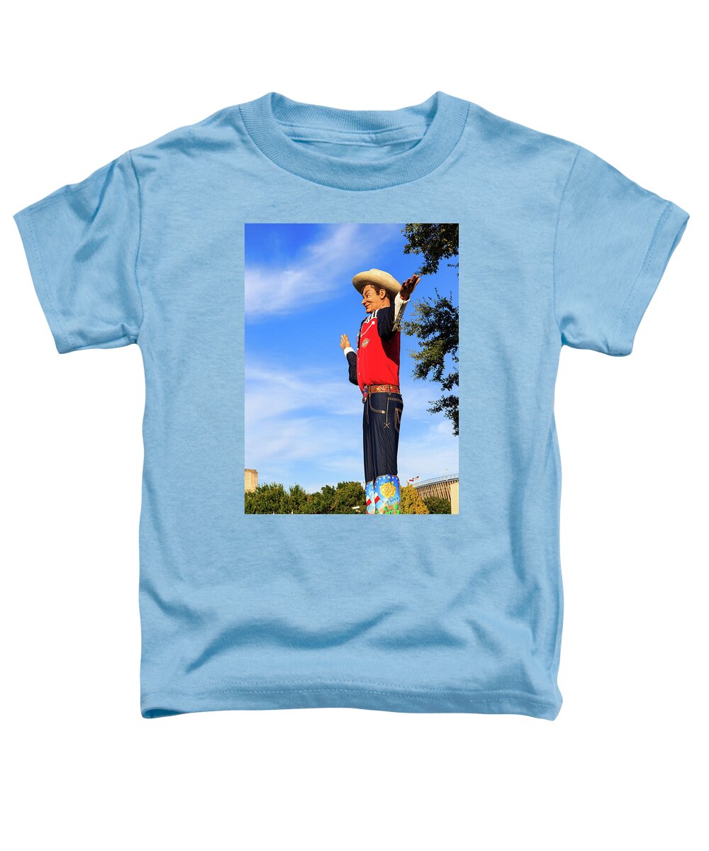Texas State Fair Toddler T-Shirt featuring the photograph Big Tex the official greeter and icon of the State Fair of Texas by David Ilzhoefer
