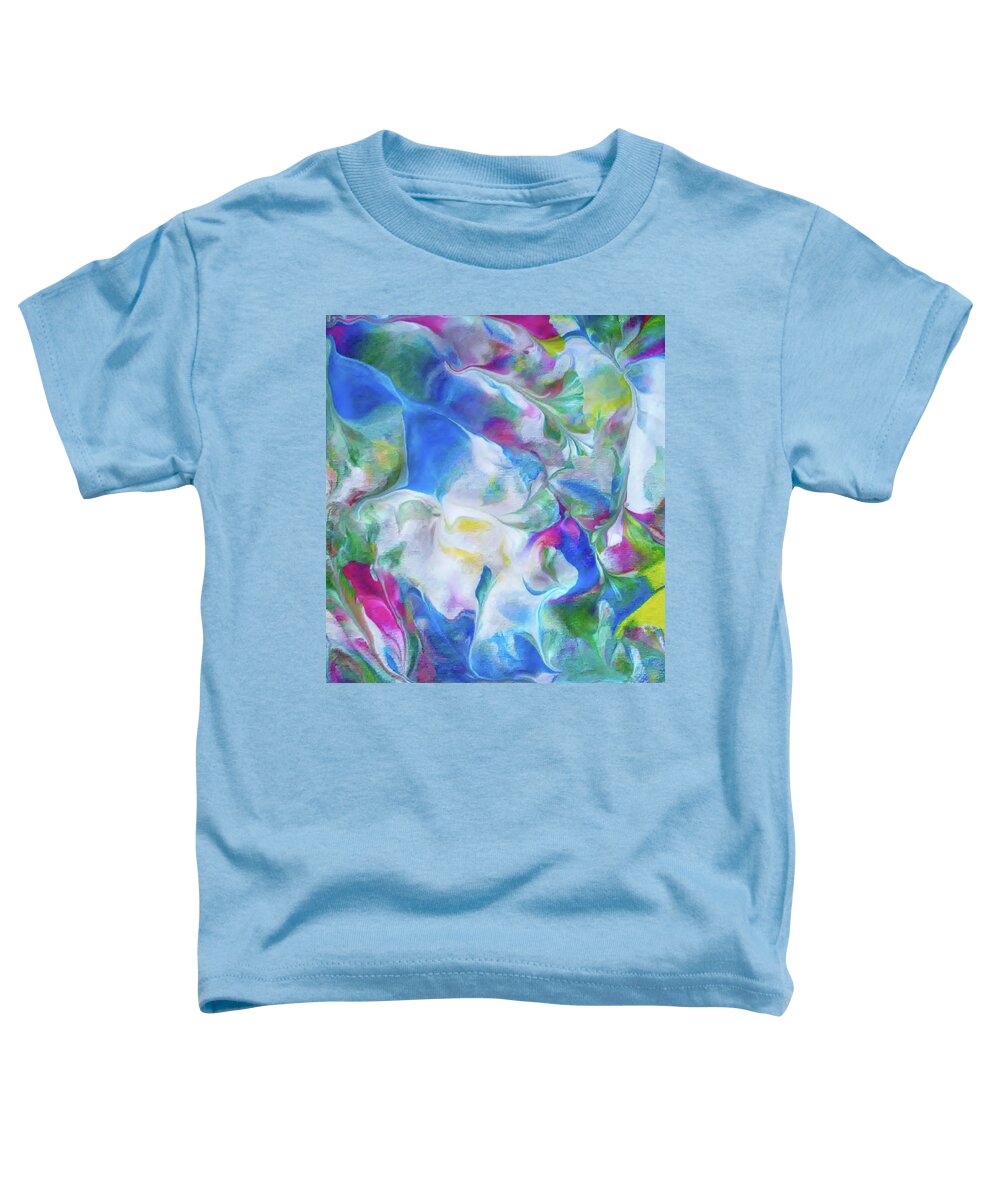 Abstract Flora Blues Greens Pink Yellow Toddler T-Shirt featuring the painting Blue Bloom by Deborah Erlandson