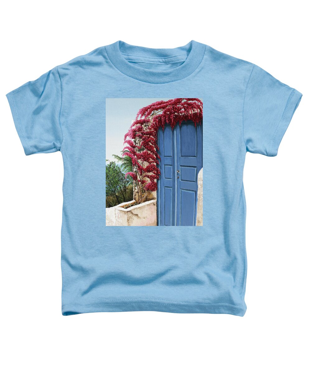 Greece Toddler T-Shirt featuring the painting Blue door Oia II by Russell Hinckley