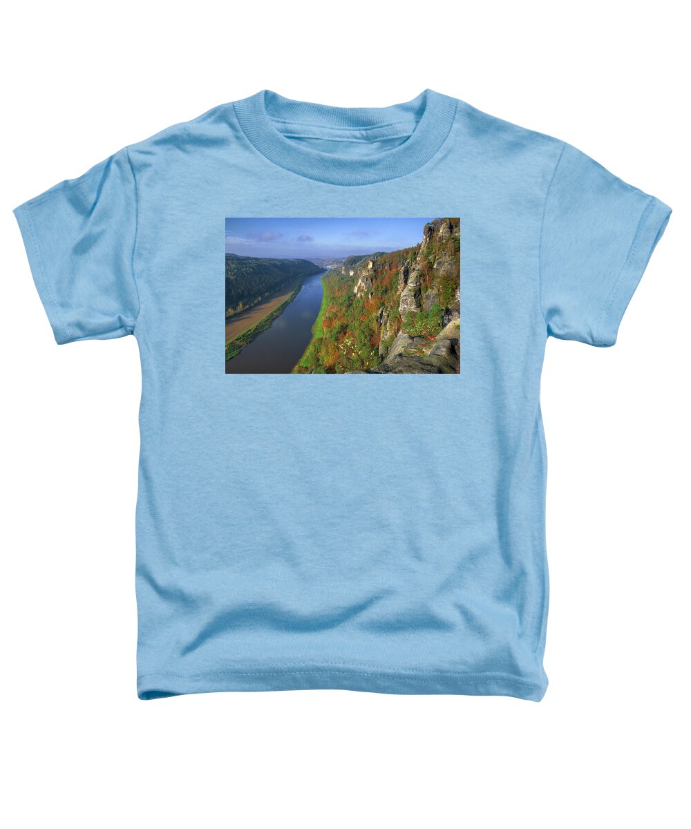 Saxon Switzerland Toddler T-Shirt featuring the photograph Elbe Sandstone Mountains along the river Elbe by Sun Travels