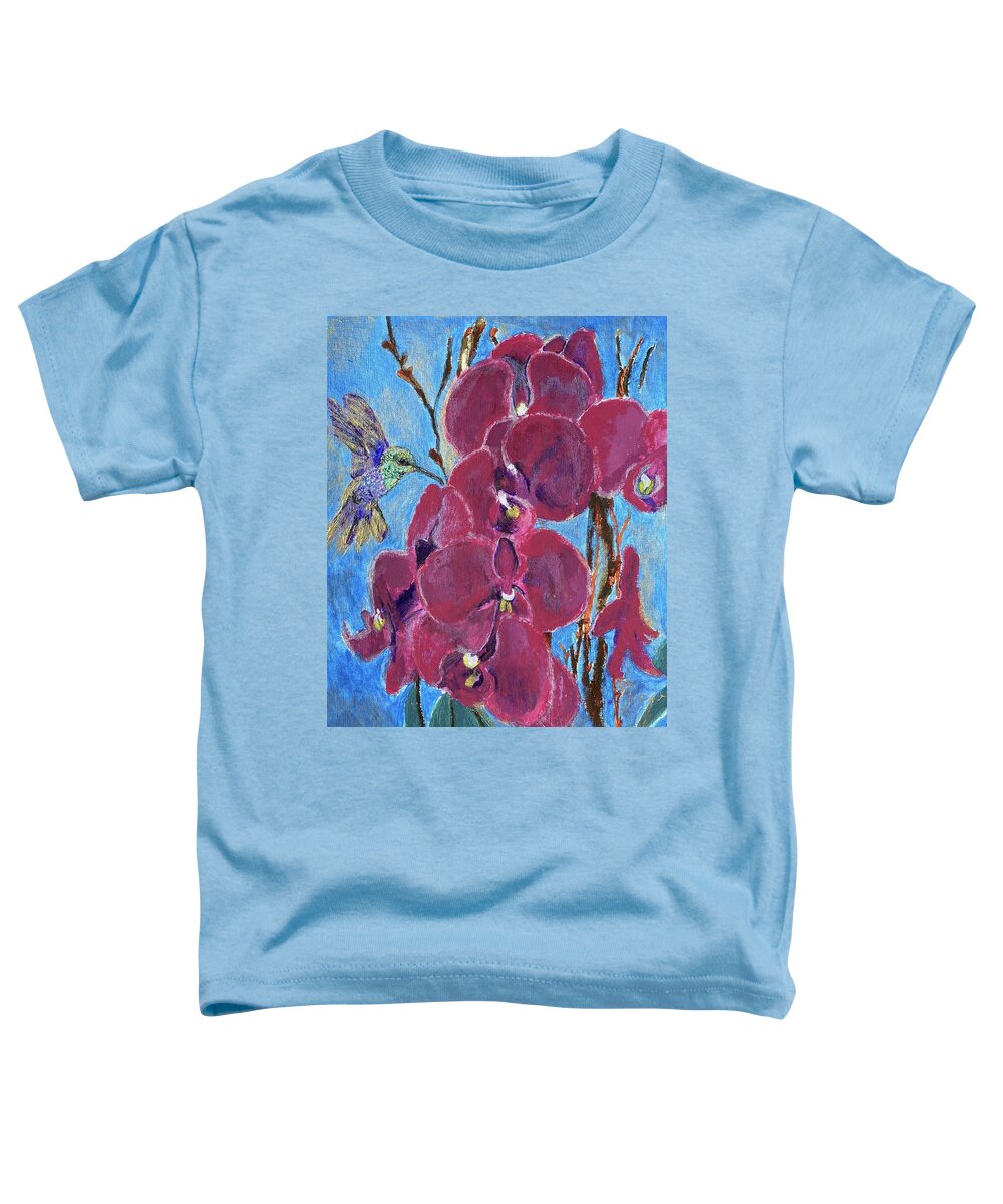 Orchids Toddler T-Shirt featuring the painting Hummingbird in the Orchids by Melody Fowler