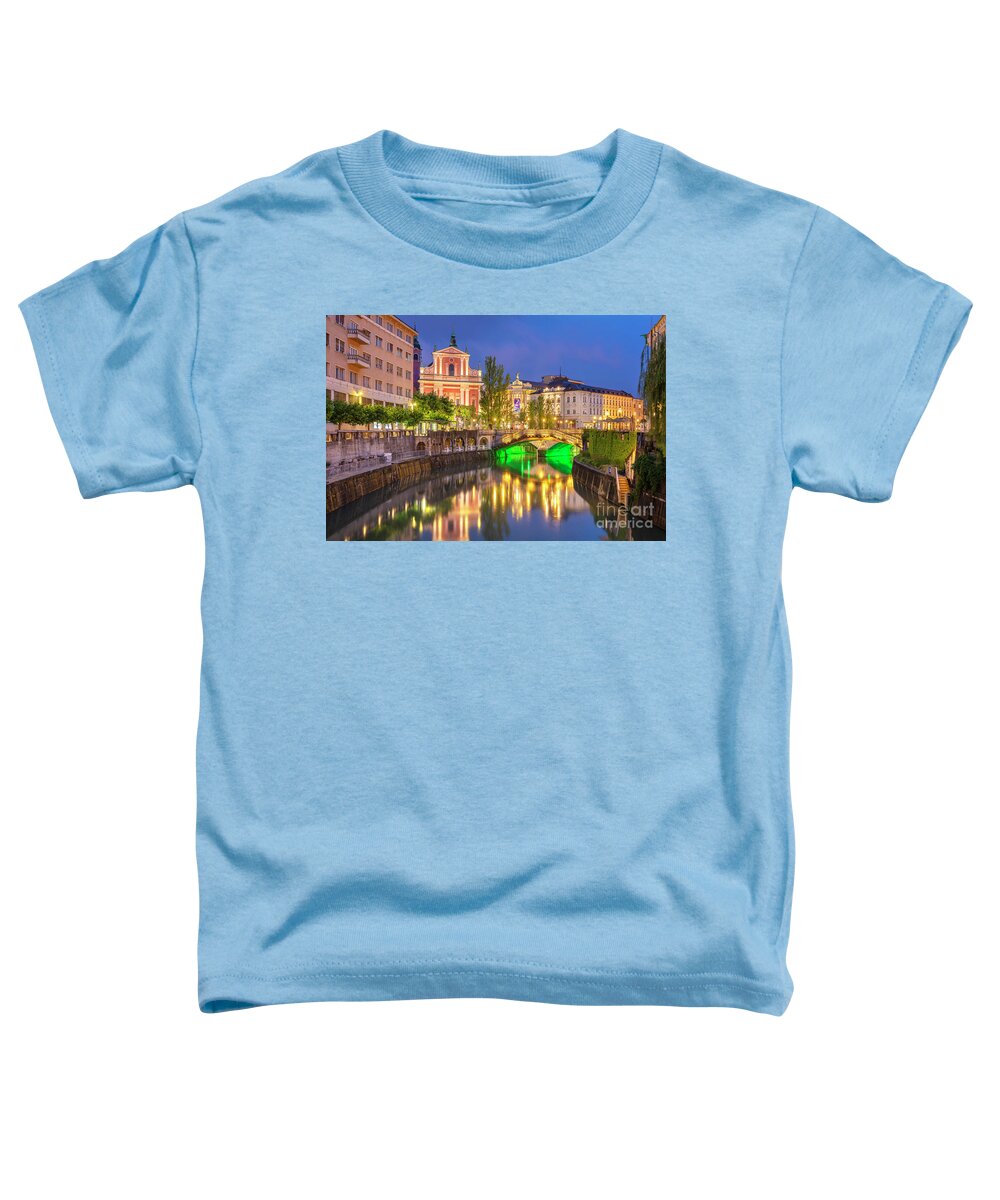 Ljubljana Slovenia Toddler T-Shirt featuring the photograph Ljubljanica river and the triple bridge at night, Slovenia by Neale And Judith Clark
