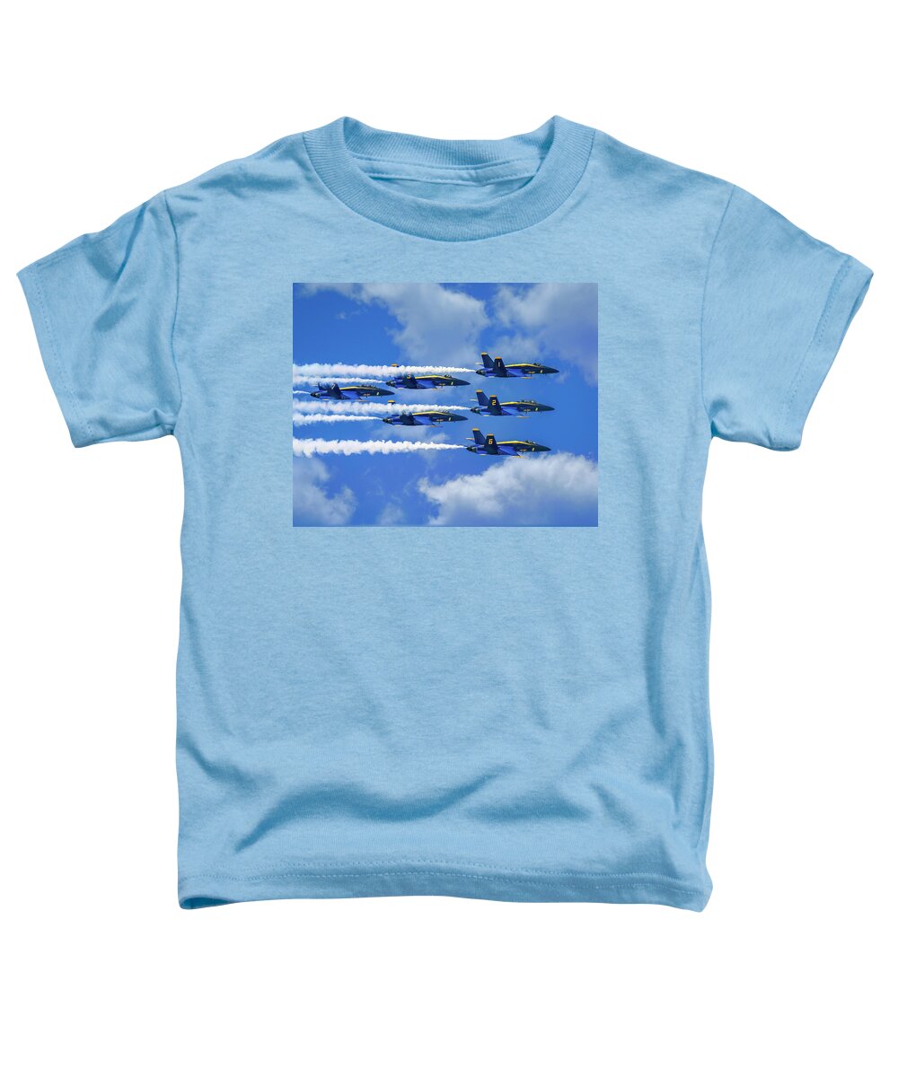 Blue Angels Show Toddler T-Shirt featuring the photograph Navy Blue Angels Airshow With Smoke Trails on Cloudy Day by Robert Bellomy
