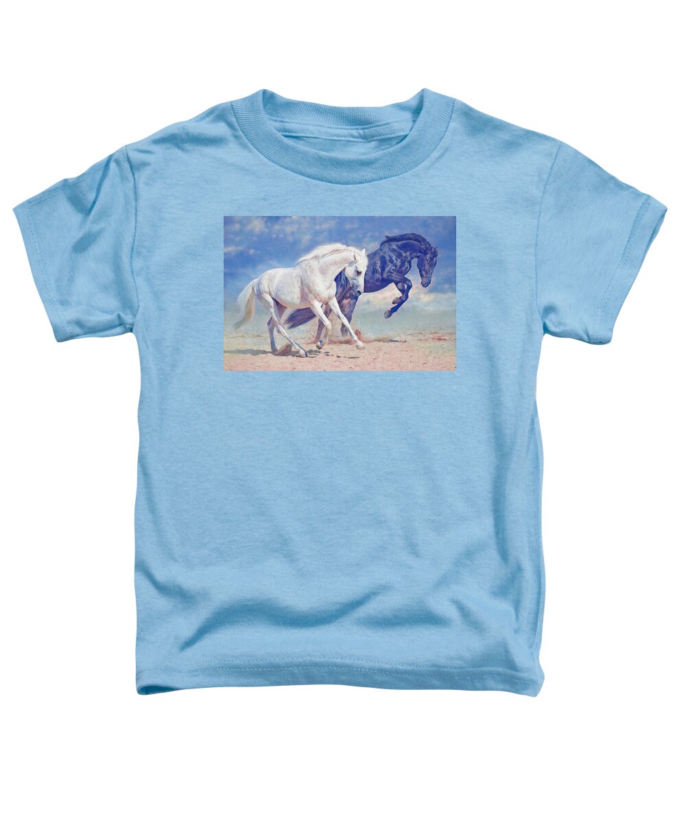 Two Horses Toddler T-Shirt featuring the digital art Prancing Horses - blue by Steve Ladner