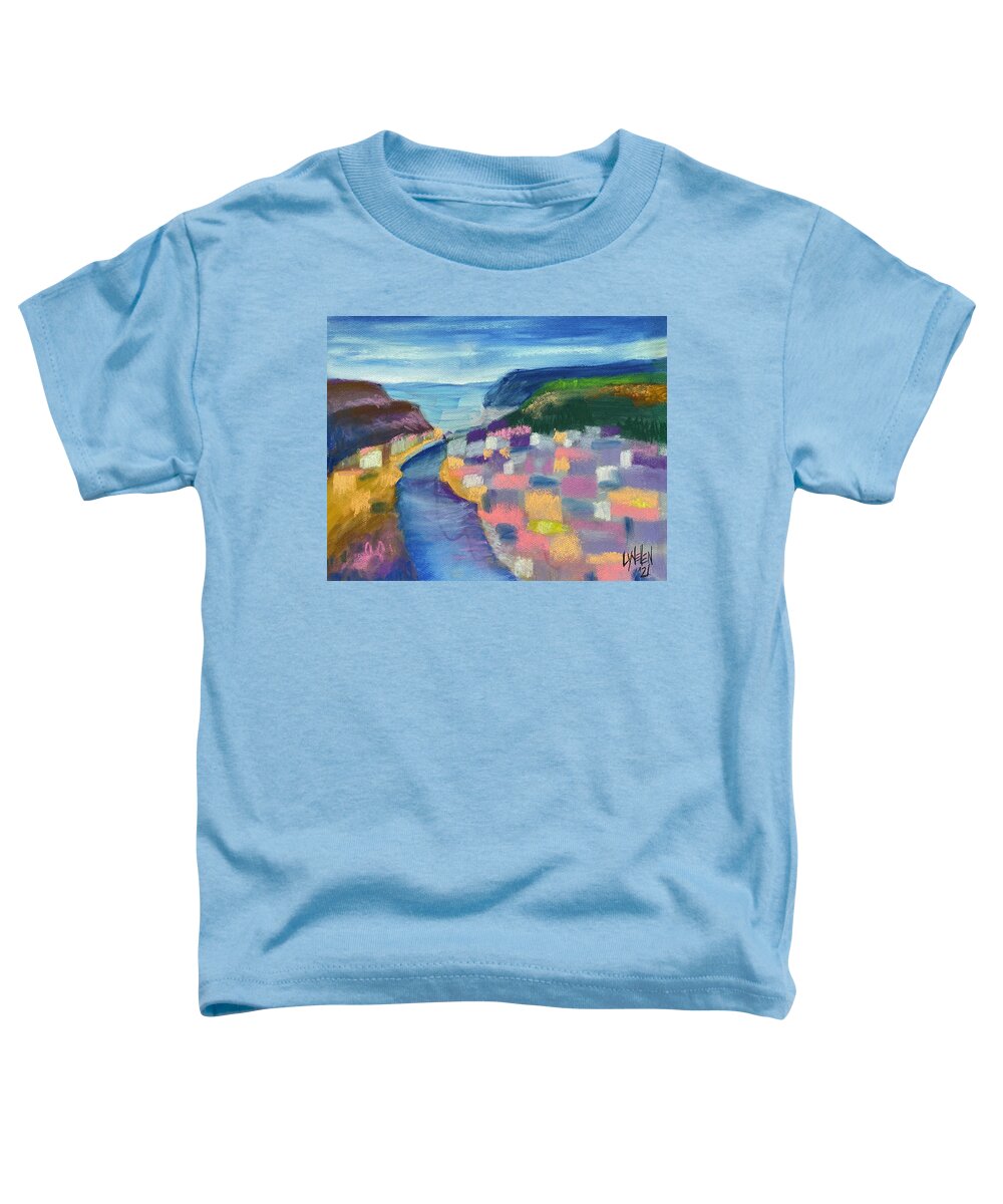 River Toddler T-Shirt featuring the pastel Reiverside Village by Lynellen Nielsen