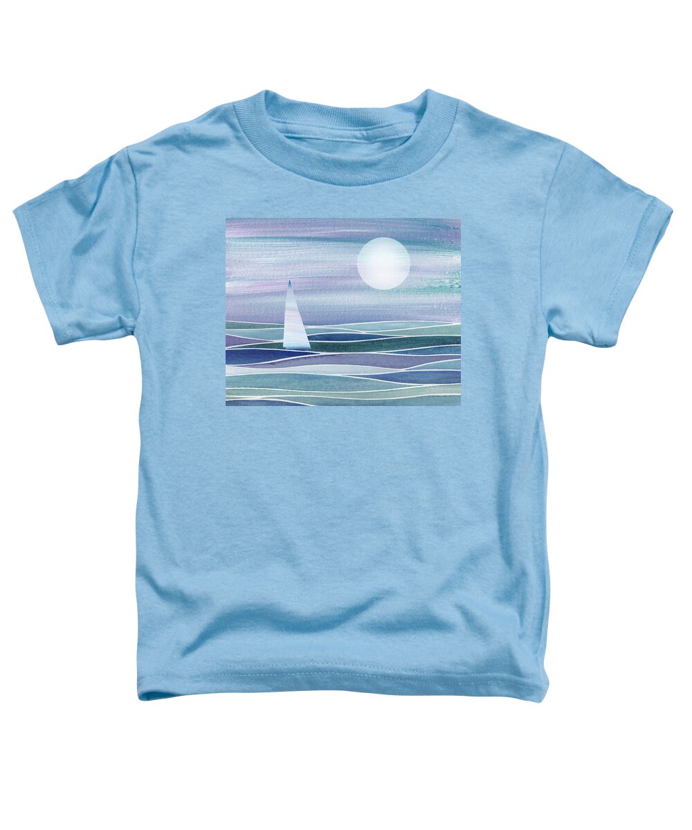 Boat Ocean Horizon Beach Art Sea Ocean Shore Waves Abstract Painting Toddler T-Shirt featuring the painting Sailboat At The Ocean Shore Seascape Painting Beach House Art Decor XV by Irina Sztukowski