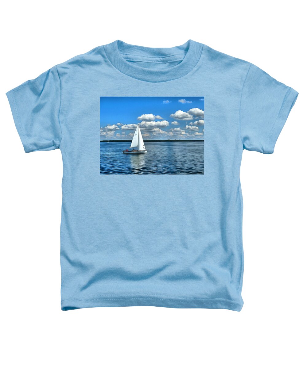 Sailing Boat Toddler T-Shirt featuring the digital art Sailing boat idyll with cotton clouds by Marina Kaehne