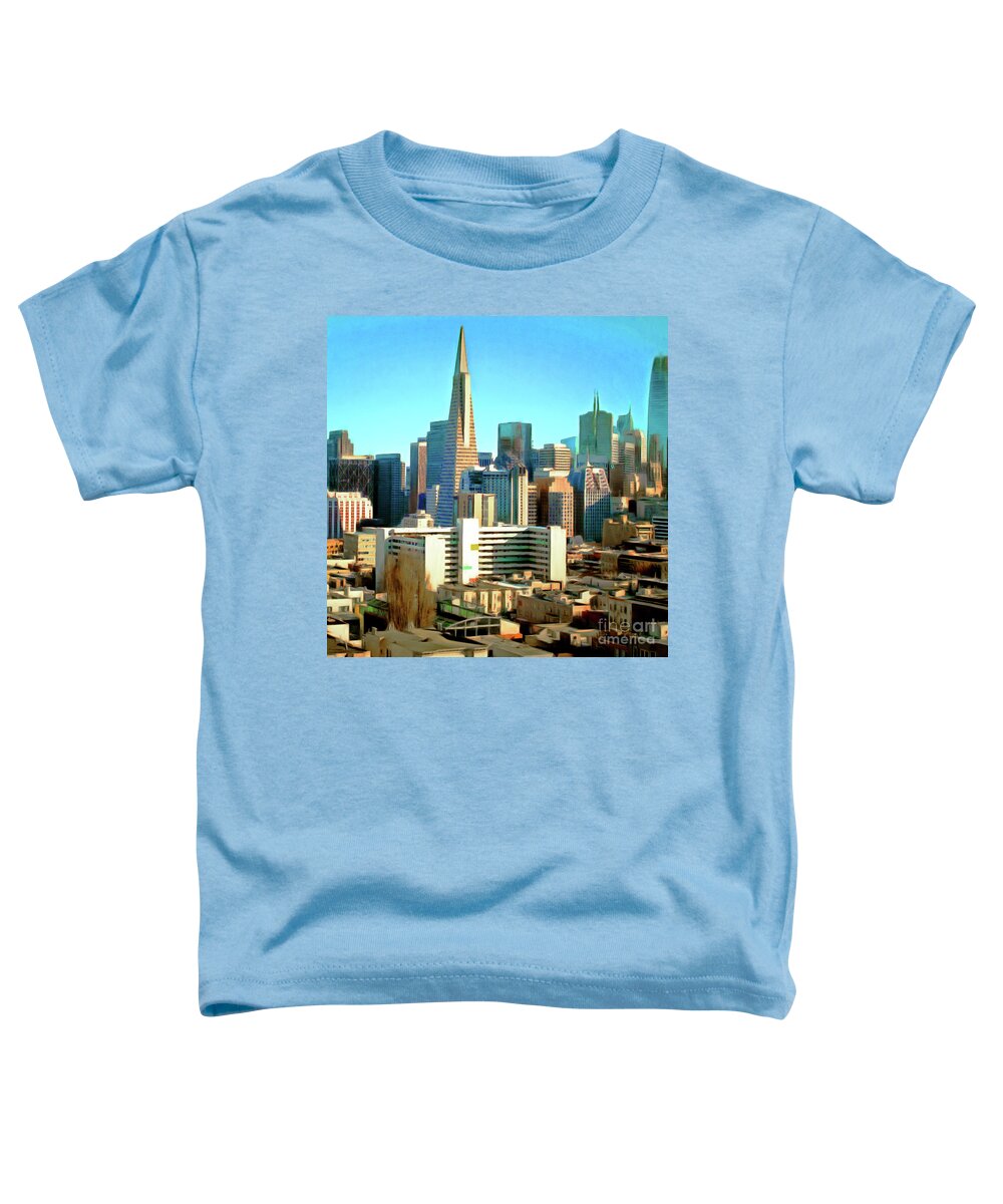 Wingsdomain Toddler T-Shirt featuring the photograph San Francisco Downtown Financial District Cityscape Panorama With Bay Bridge R1814 Painterly Square by Wingsdomain Art and Photography