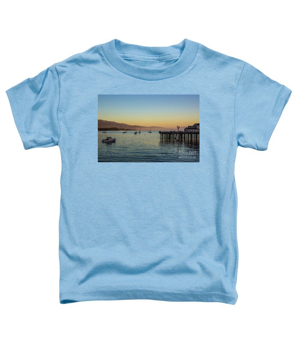 Sunset Toddler T-Shirt featuring the photograph SB Wharf And Boats At Sunset by Suzanne Luft