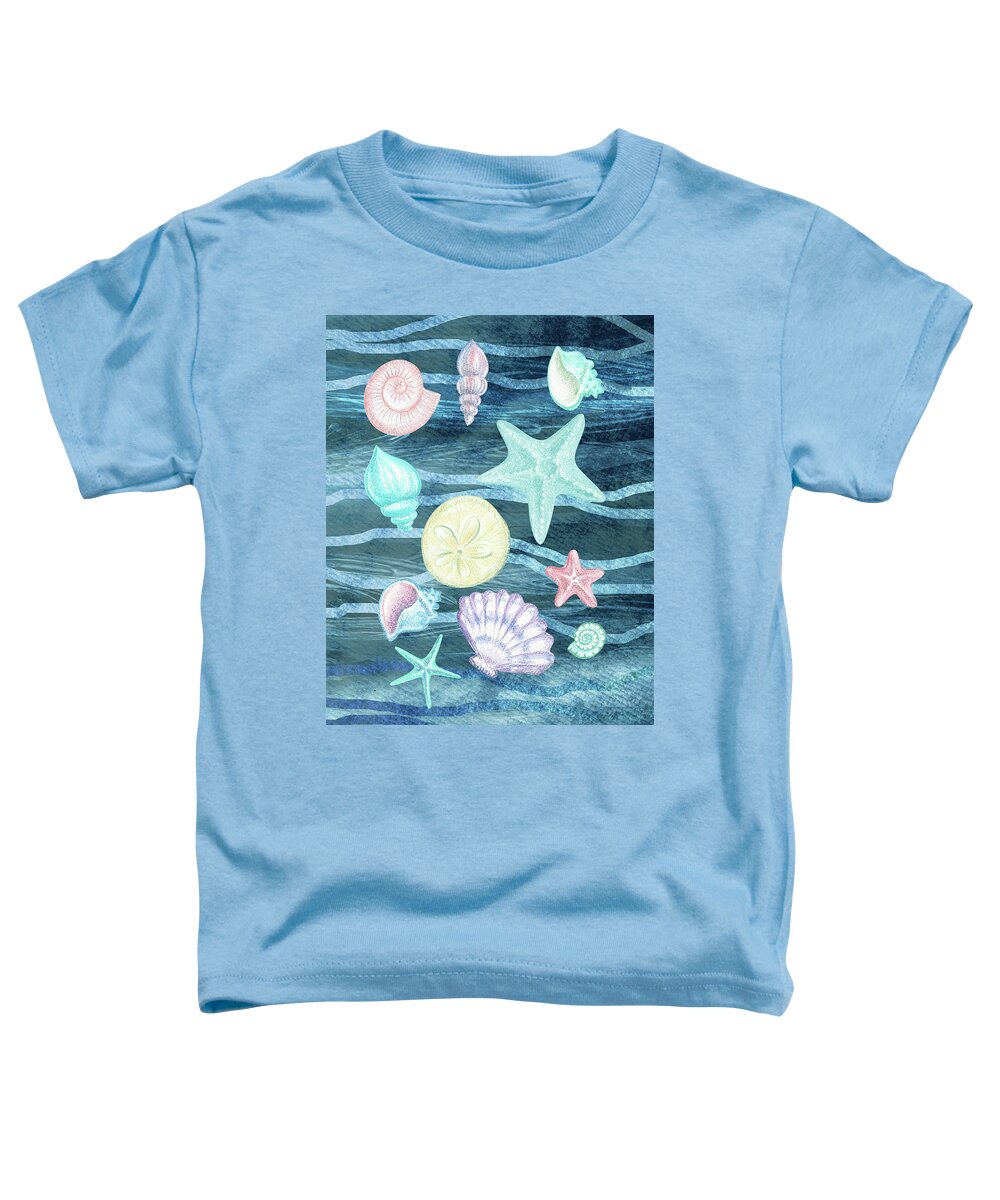 Beach Art Toddler T-Shirt featuring the painting Sea Stars And Shells On Blue Waves Watercolor Beach Art Collection I by Irina Sztukowski