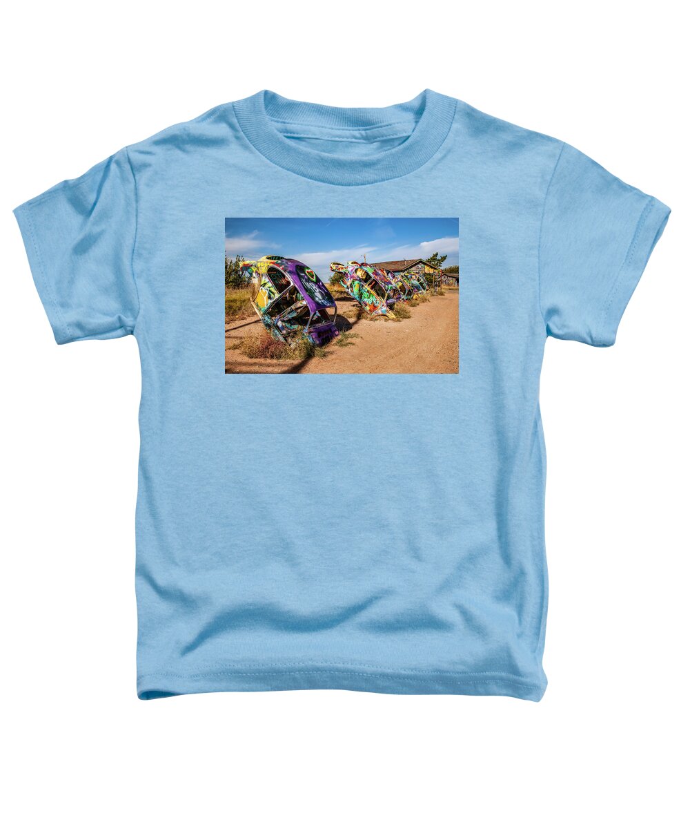 Cadillac Ranch Toddler T-Shirt featuring the photograph Slug Bug Ranch on Route 66 by Lon Dittrick