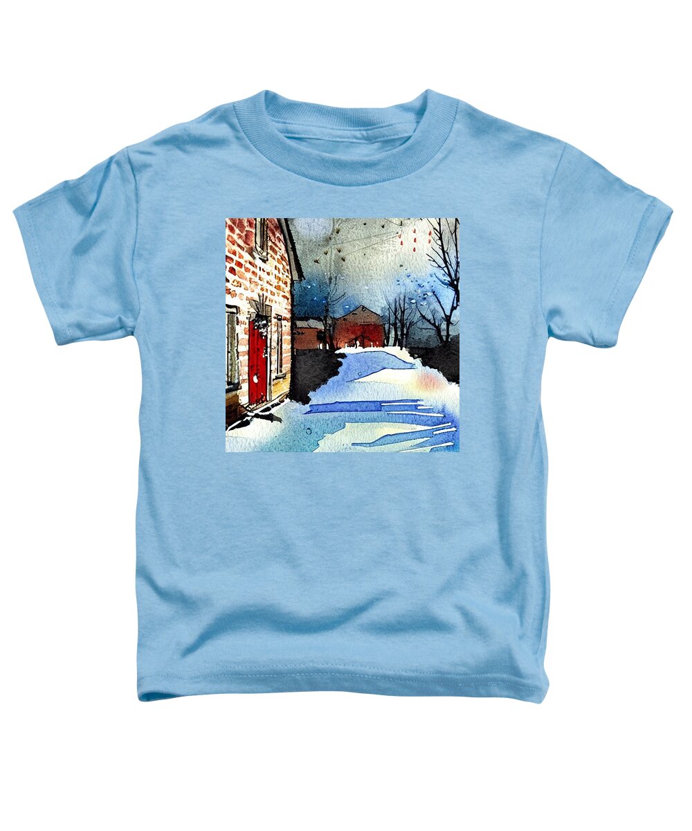 Waterloo Village Toddler T-Shirt featuring the painting Smith's Store Waterloo Village, Morris Canal, In Winter by Christopher Lotito