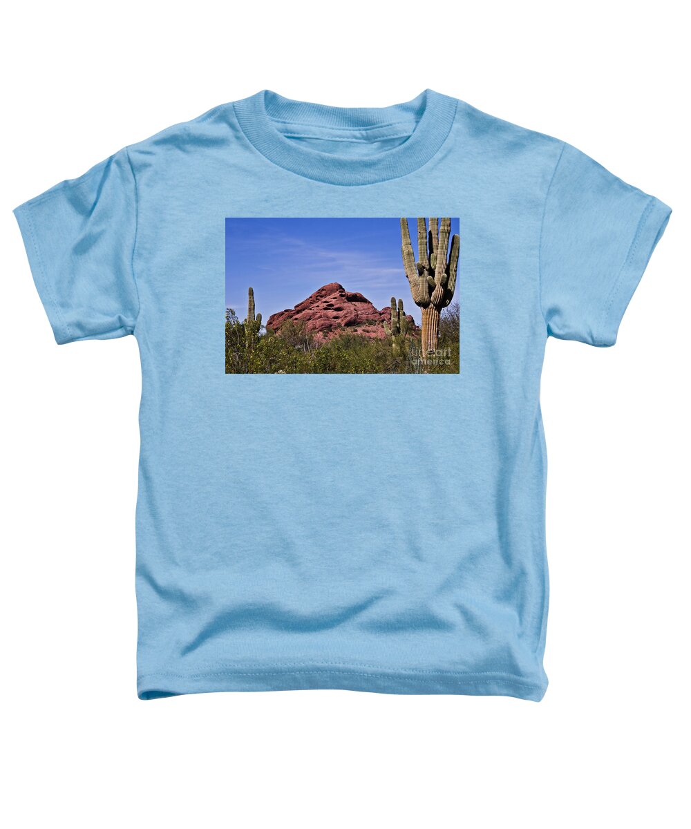 Cactus Toddler T-Shirt featuring the photograph The Saguaro Cacti and Red Rocks by Kirt Tisdale
