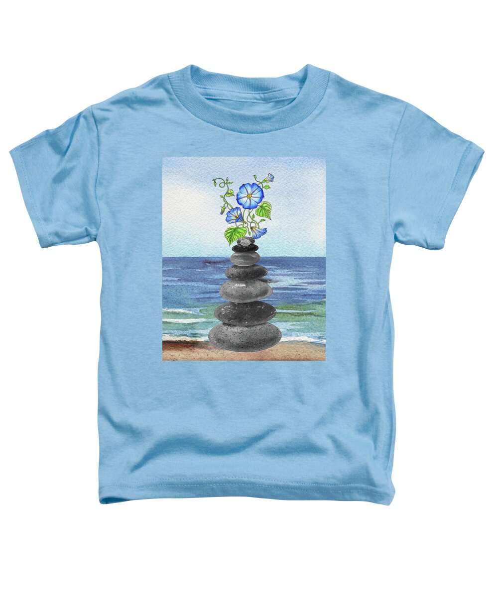 Zen Rocks Toddler T-Shirt featuring the painting Zen Rocks Cairn Meditative Tower And Morning Glory Flower Watercolor by Irina Sztukowski