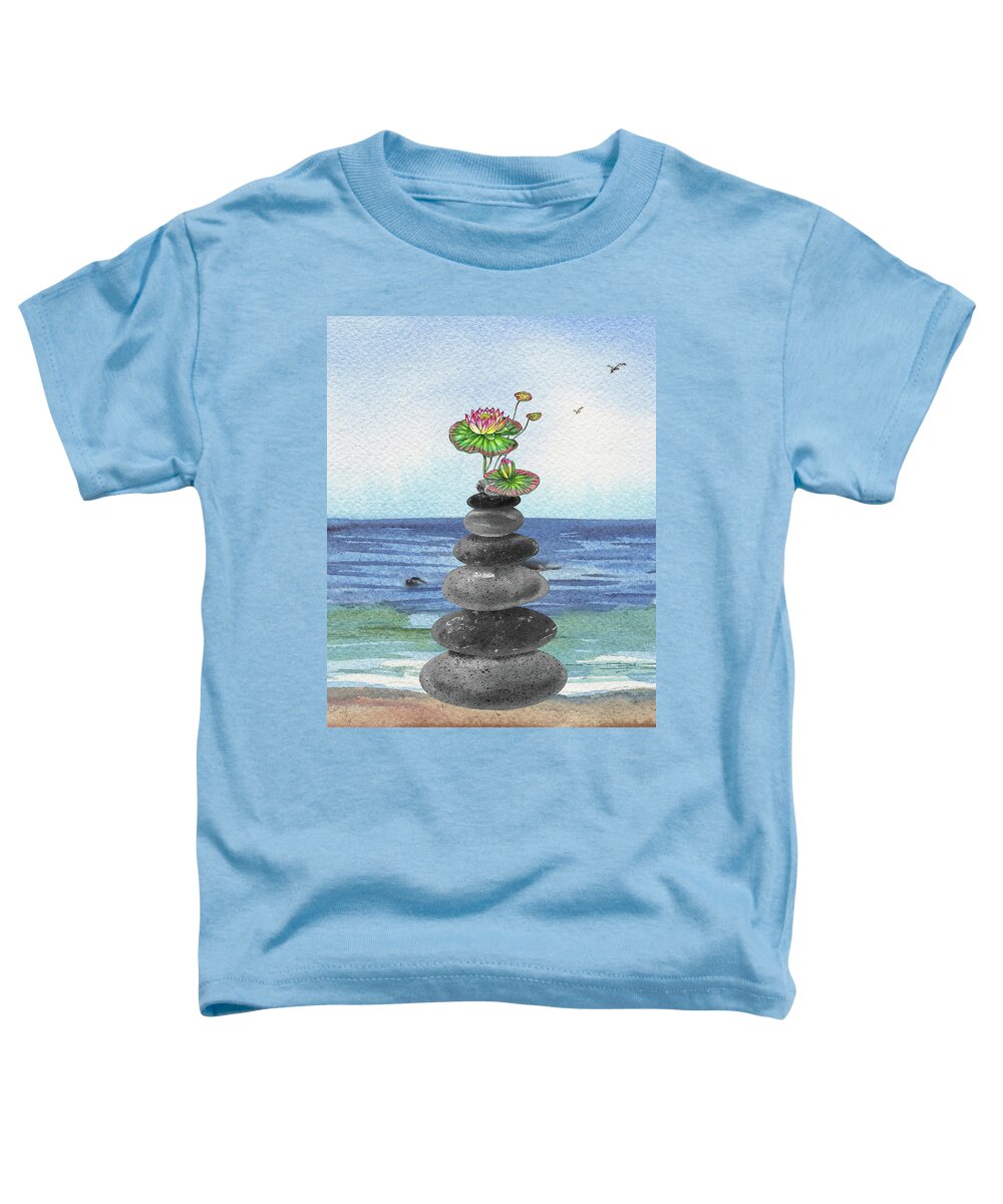 Cairn Rocks Toddler T-Shirt featuring the painting Zen Rocks Cairn Meditative Tower And Water Lily Flower Watercolor by Irina Sztukowski